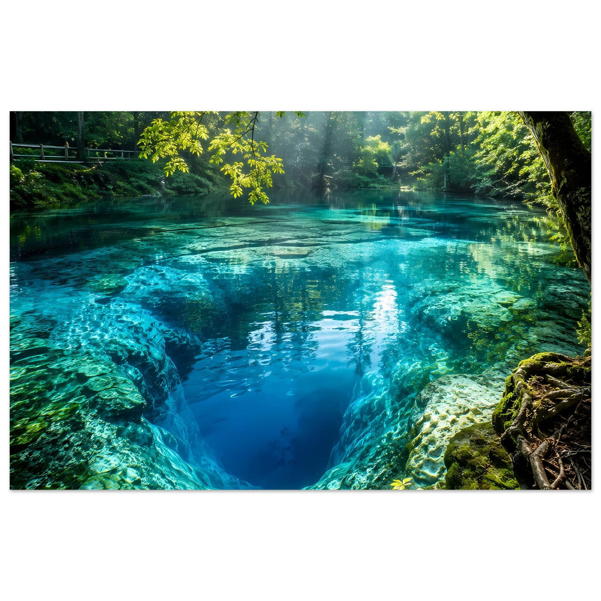 Wandposter mit weitem Blick auf türkisblaues Wasserbecken, Felsen, Moos und Waldgrün