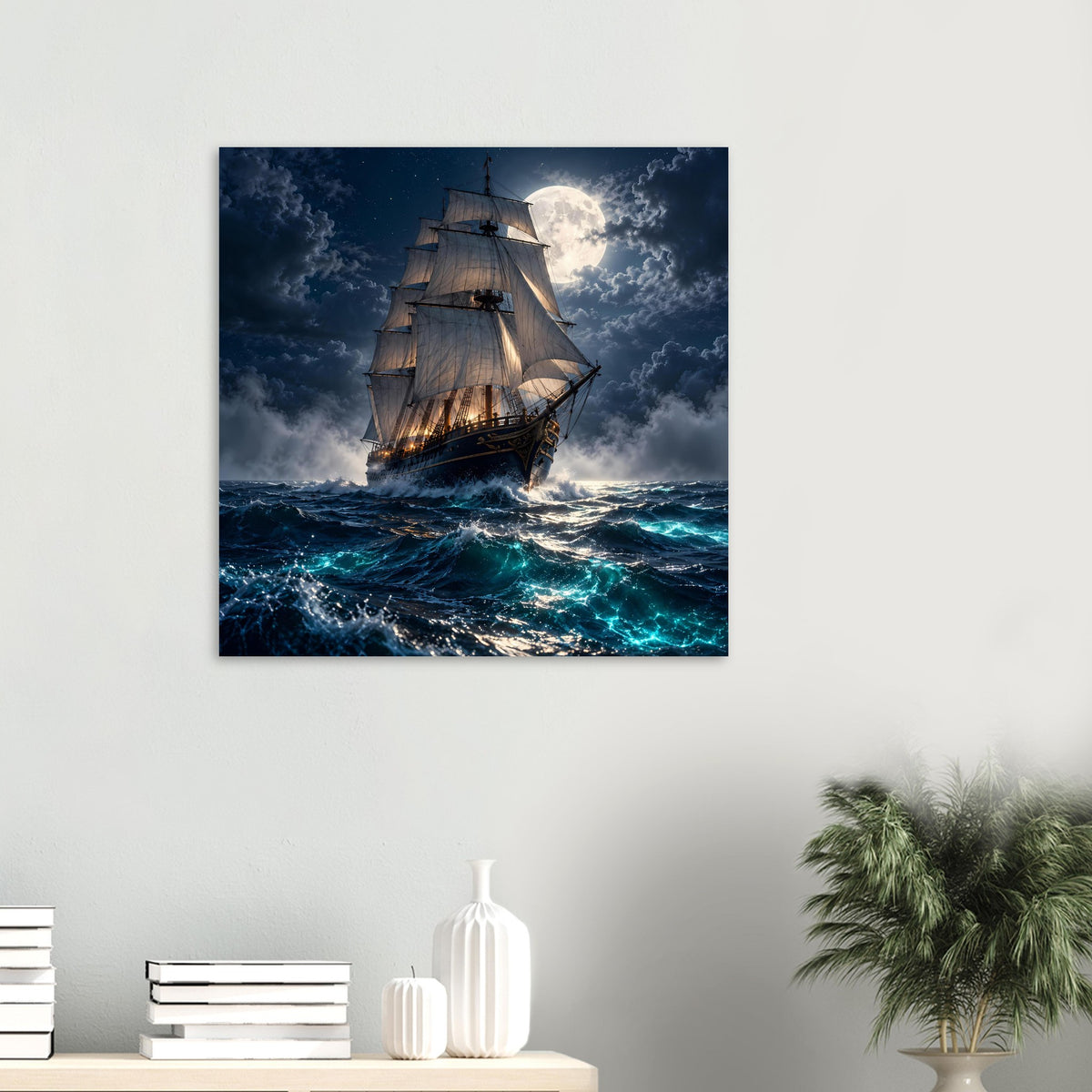 Segelschiff-Poster: Vollmond über Wellen, dunkelblaue Wolken und türkisfarbene Gischt