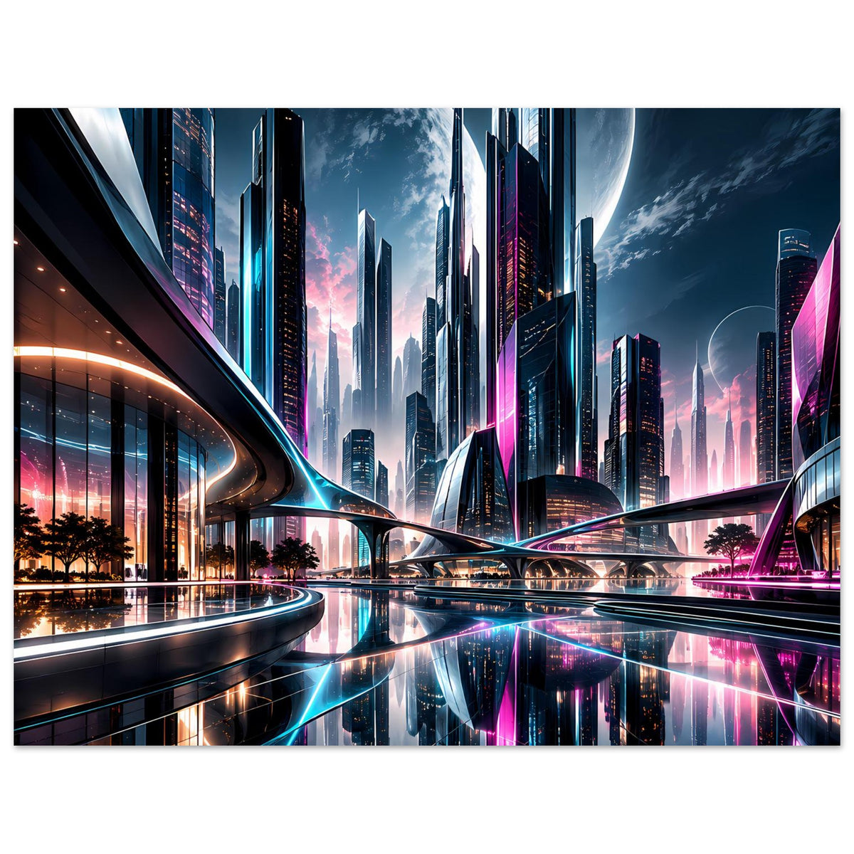 Poster: Neon-Stadt-Skyline mit Türmen und Lichtreflexionen, Querformat