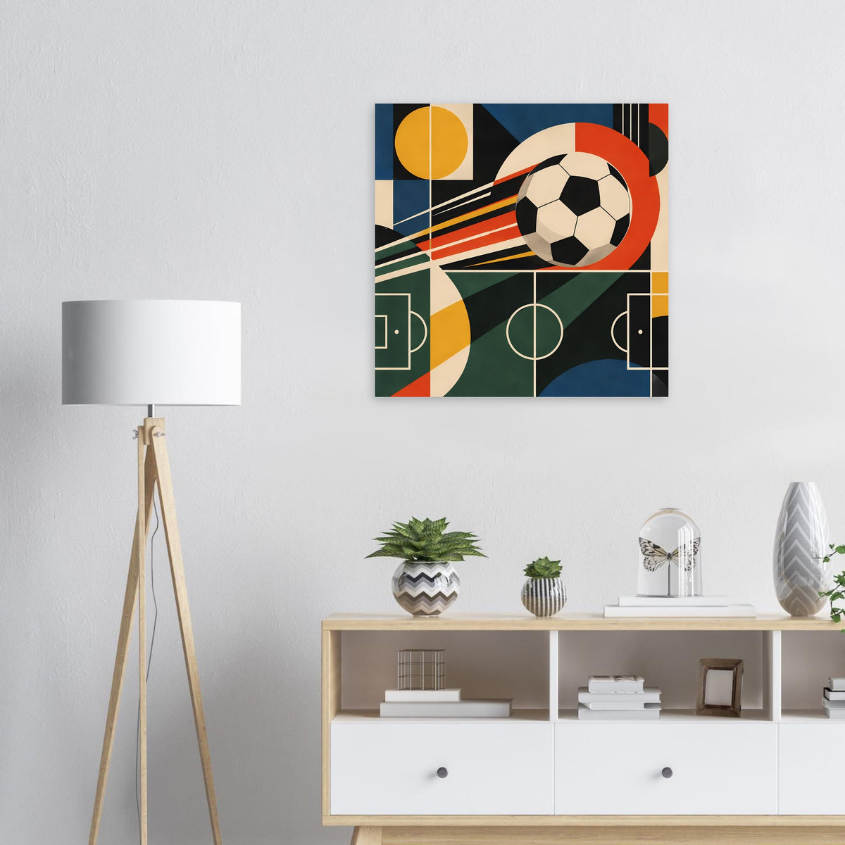 Rahmenloses Sportposter mit abstraktem Fußballmotiv, geometrischem Feld und bunten Farben