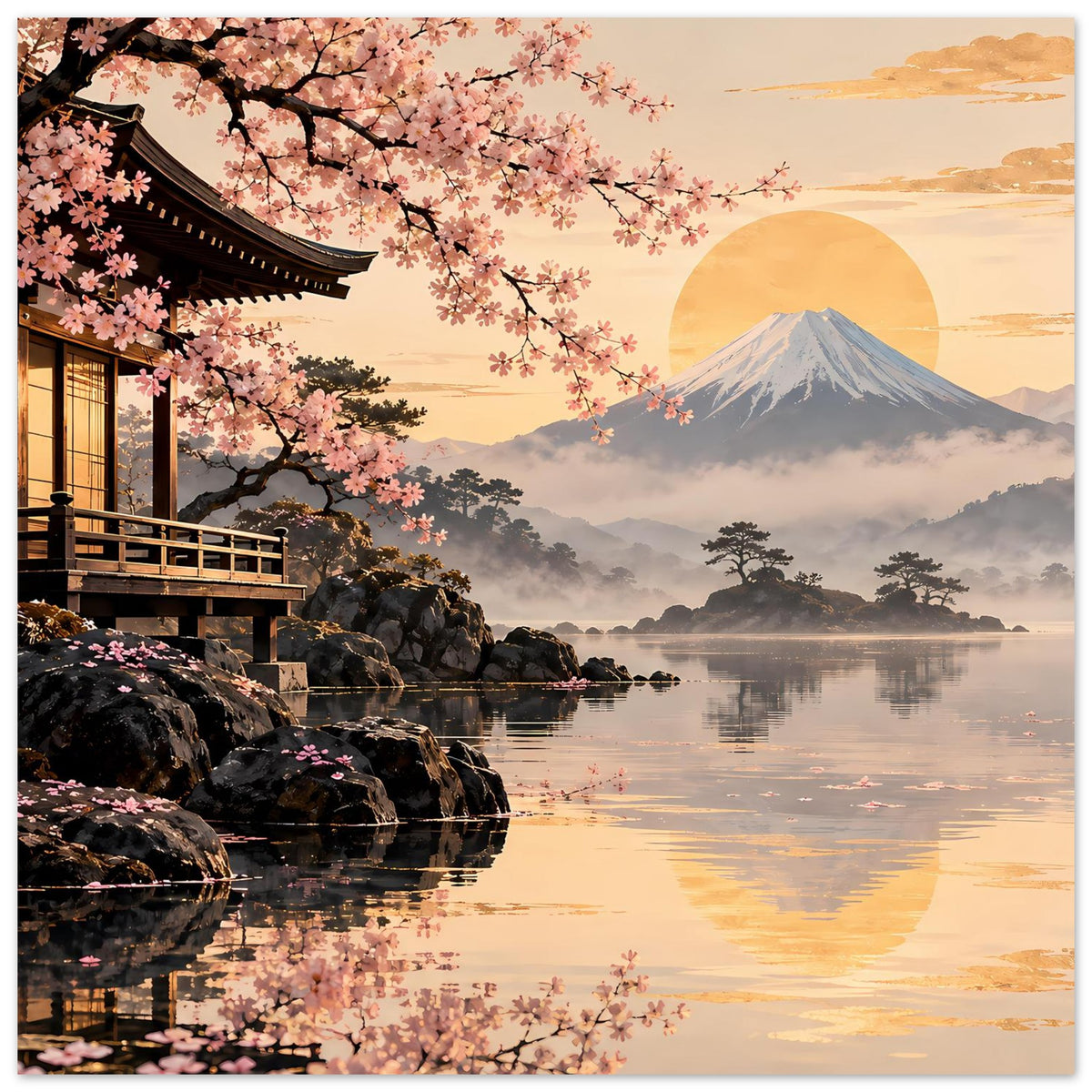 Vertikales Poster mit Kirschblüten, Fuji und Seeufer, goldene Abendsonne