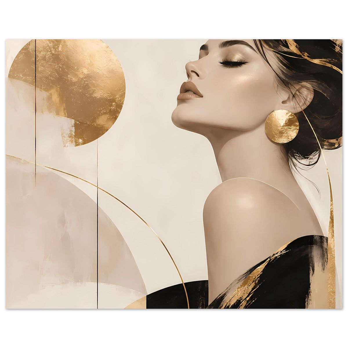 Poster mit Frauenporträt: goldene Ohrringe, goldene Bögen und schwarze Farbspuren