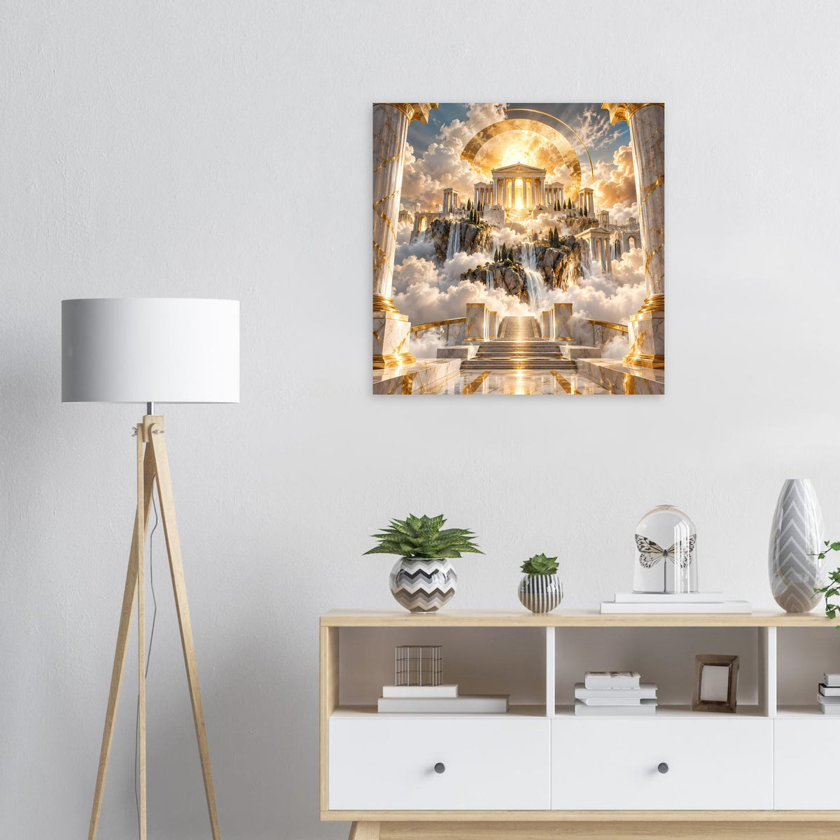 Wandposter mit goldenem Tempelmotiv, kreisförmigem Licht und Wasserfontänen über Wolken