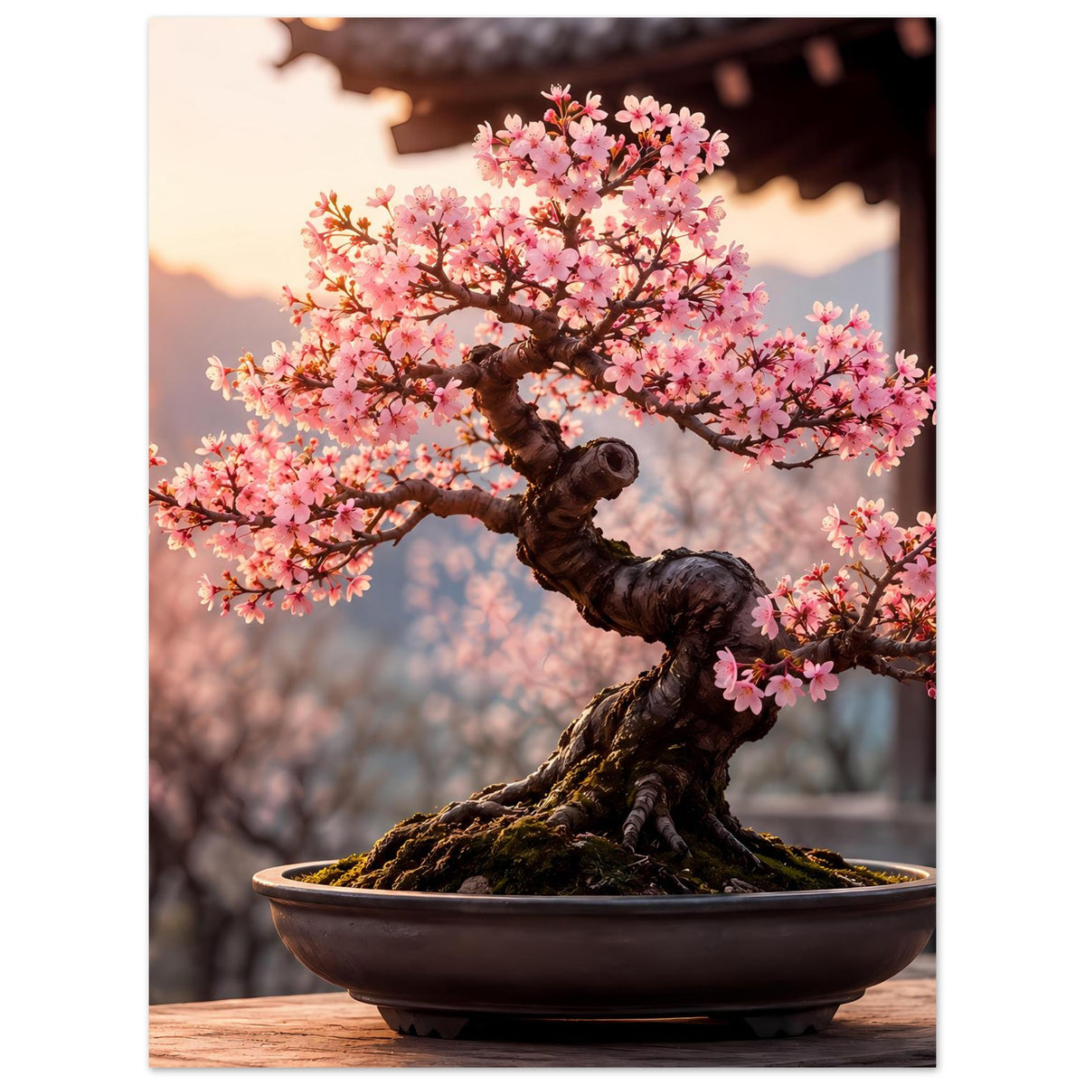 Bonsai-Kunstdruck: blühender Bonsai mit Schale, vertikal, Fokus auf Stamm und Blüten