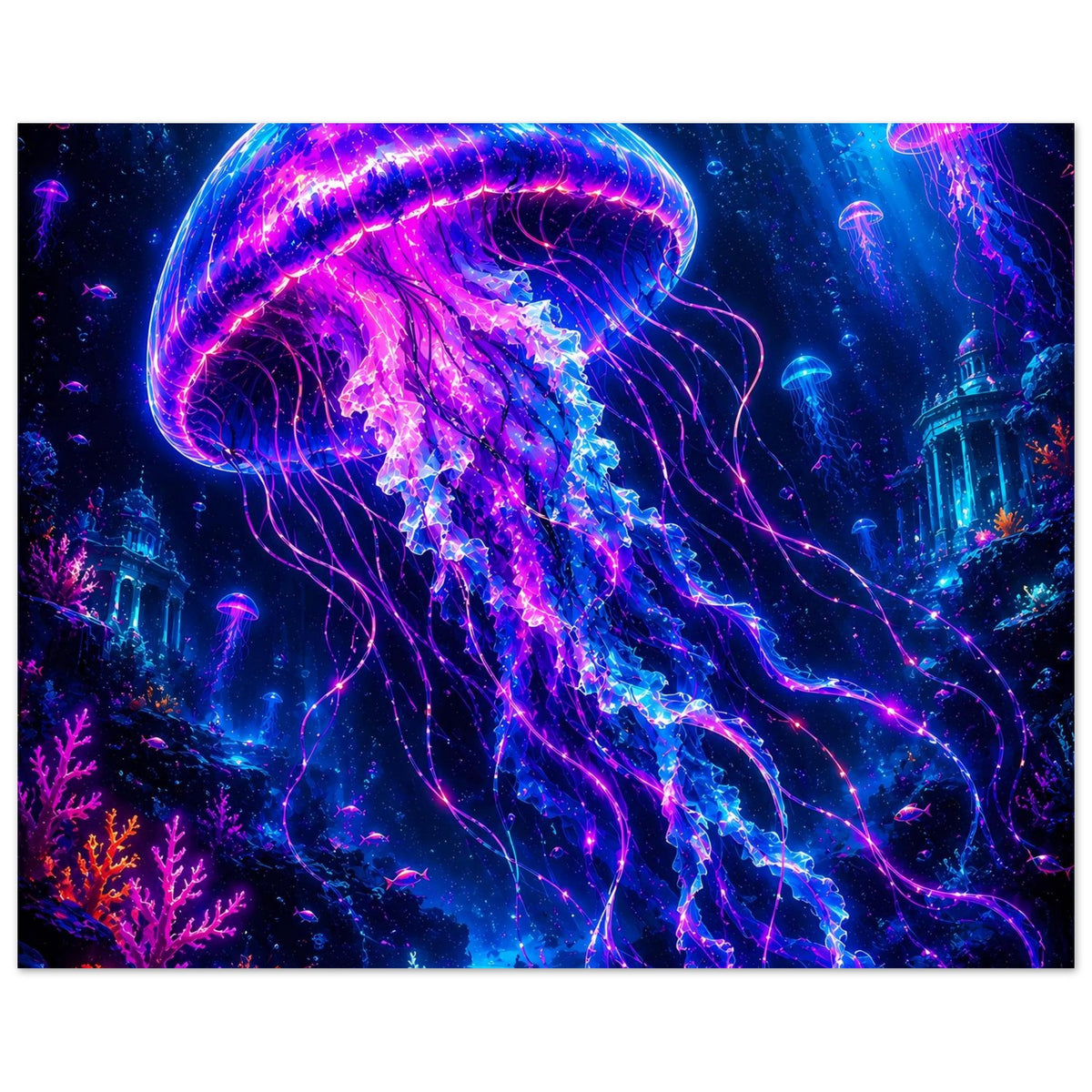 Poster mit leuchtender Qualle, violett-blaues Licht, glühende Tentakel und Sternenmeer