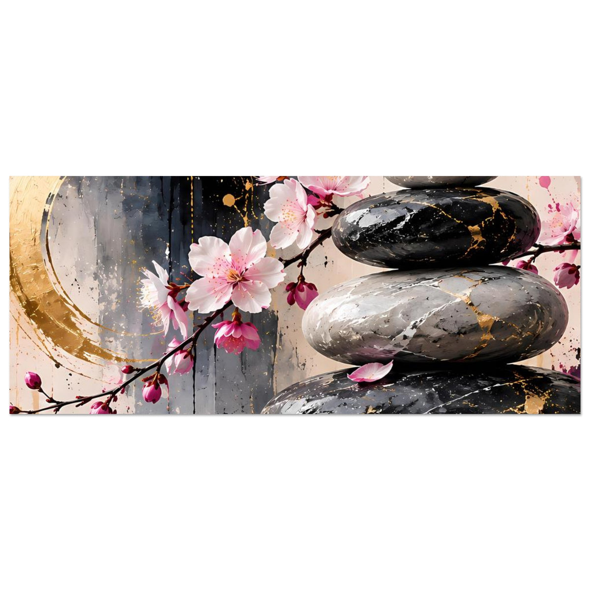 Landschaftsformat-Poster: Zen-Steine mit Kirschblütenzweig, goldene Spritzer und rosa Blüten