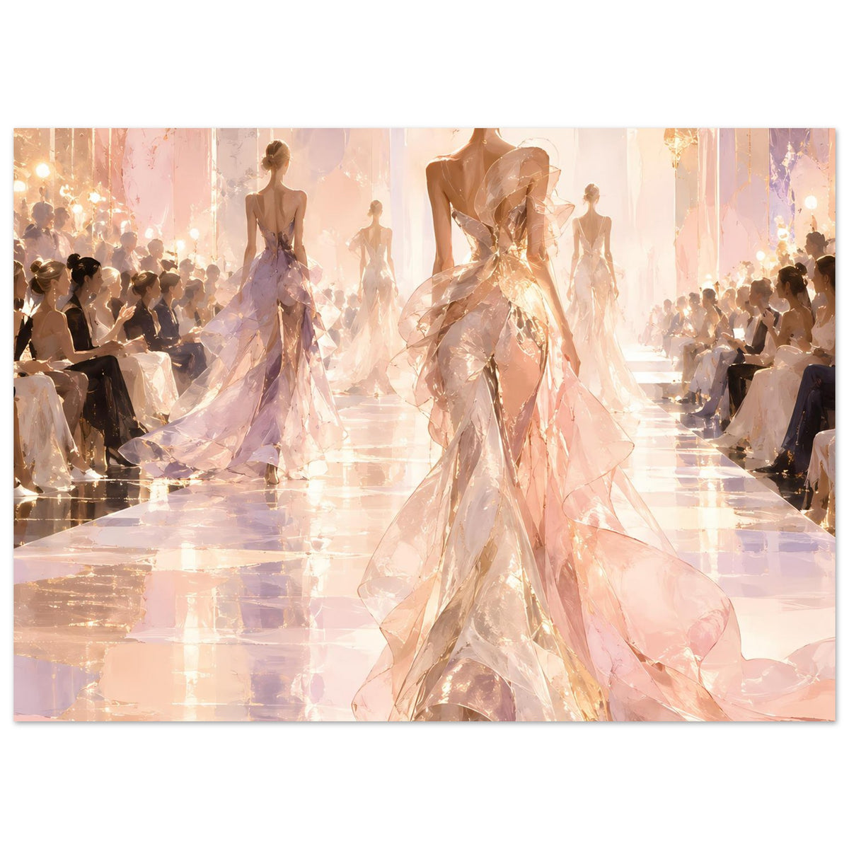 Horizontales Poster mit mehreren Models im rosigen Glitzerkleid, zentral das Laufstegmotiv