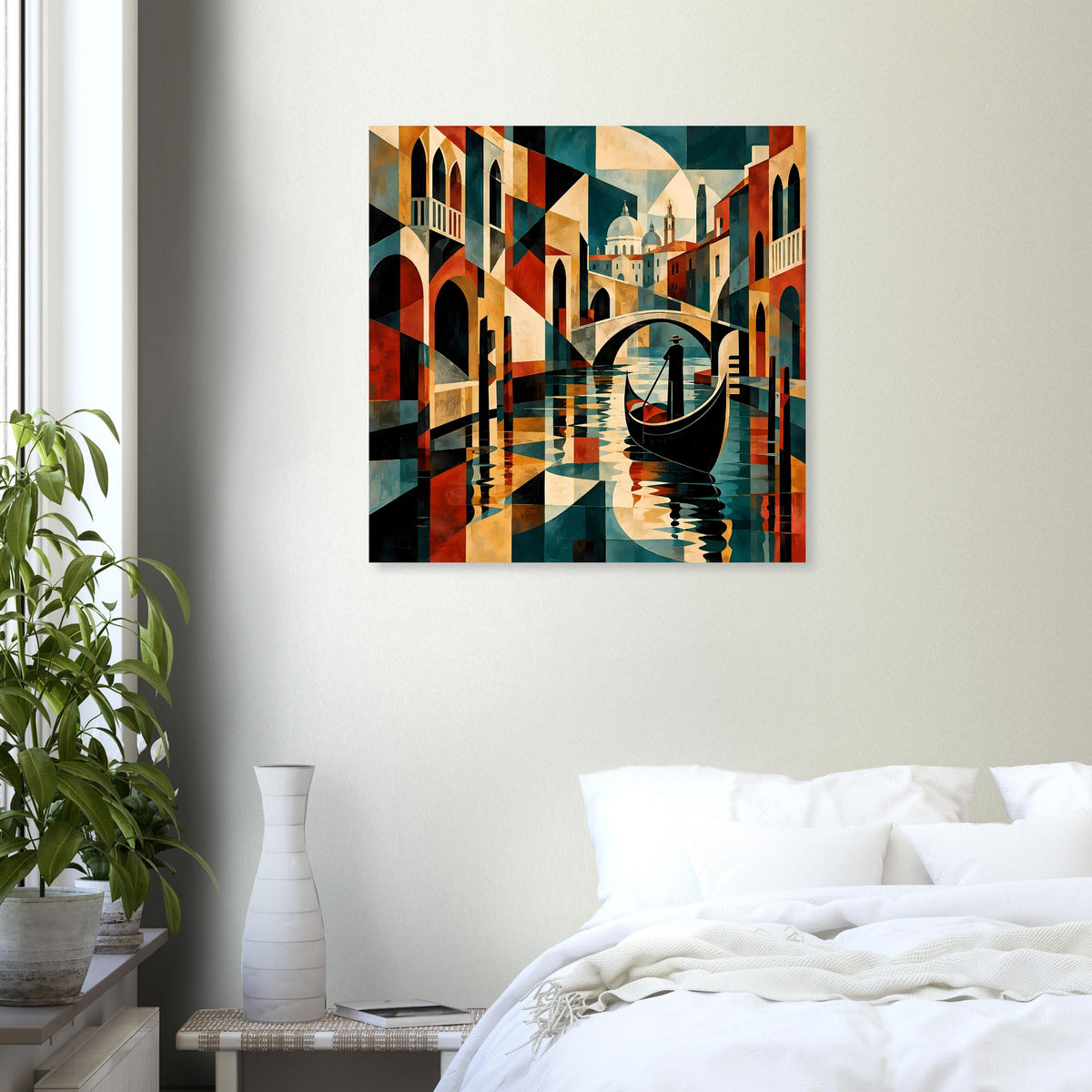 Wandposter mit Kanal-Motiv, Gondel-Silhouette und geometrischen Farbfeldern