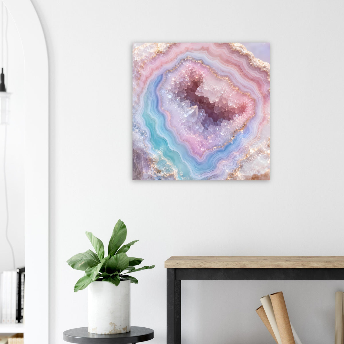 Quadratisches Wandposter mit rosafarbenem und blauem Achatkern, umrandet von Bändern
