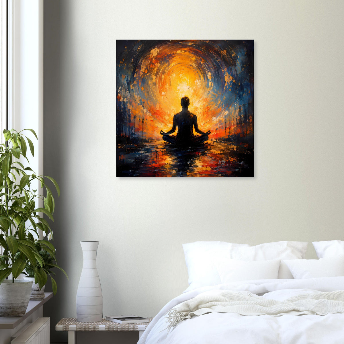 Gerahmtes abstraktes Poster mit meditierender Figur im Lichtkreis, orange und blau