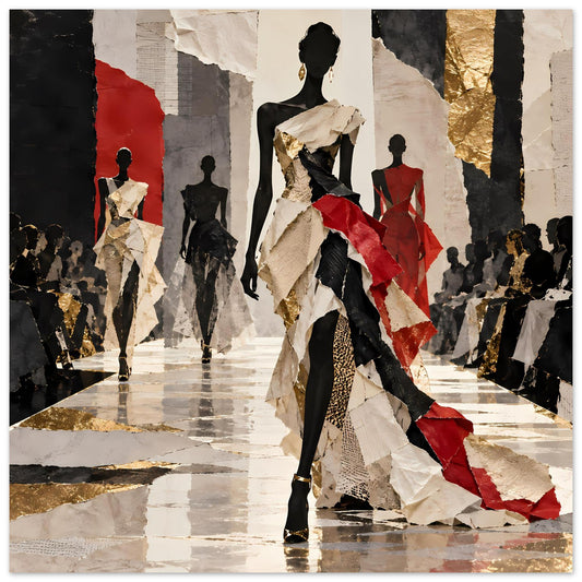 Mode-Poster mit Laufsteg-Silhouetten, schwarze Outfits, rote Akzente und goldene Details