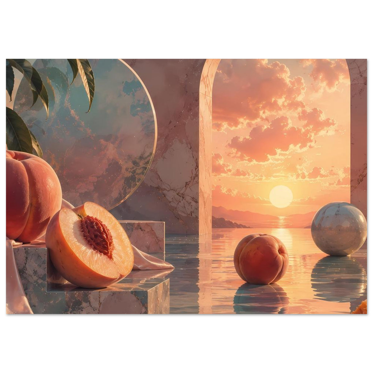 Horizontales Poster mit Pfirsich-Stillleben, Rundbogenöffnung und Sonnenuntergang über Wasser