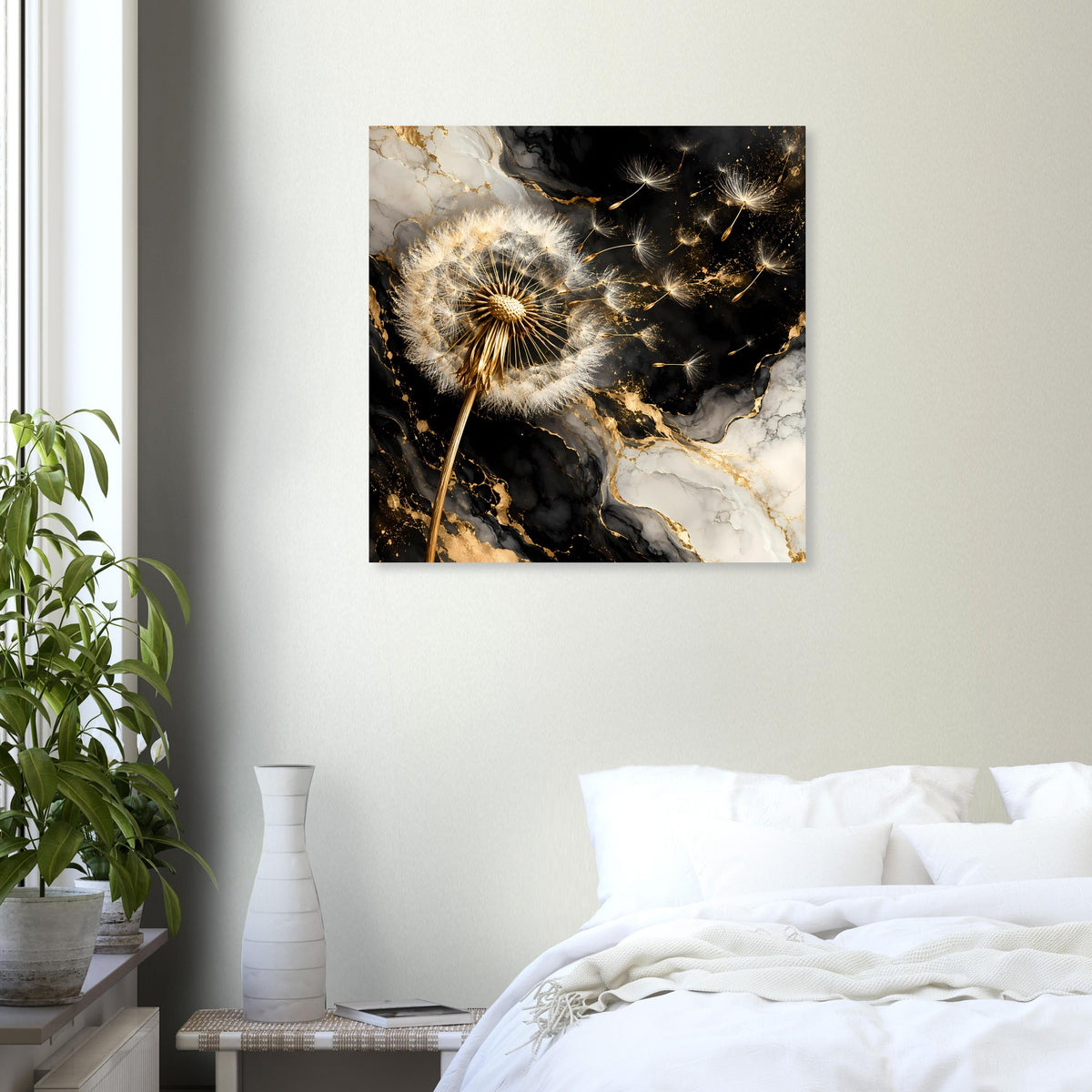 Quadratisches Poster mit Pusteblume, goldene Mitte und schwarze Marmormuster im Hintergrund