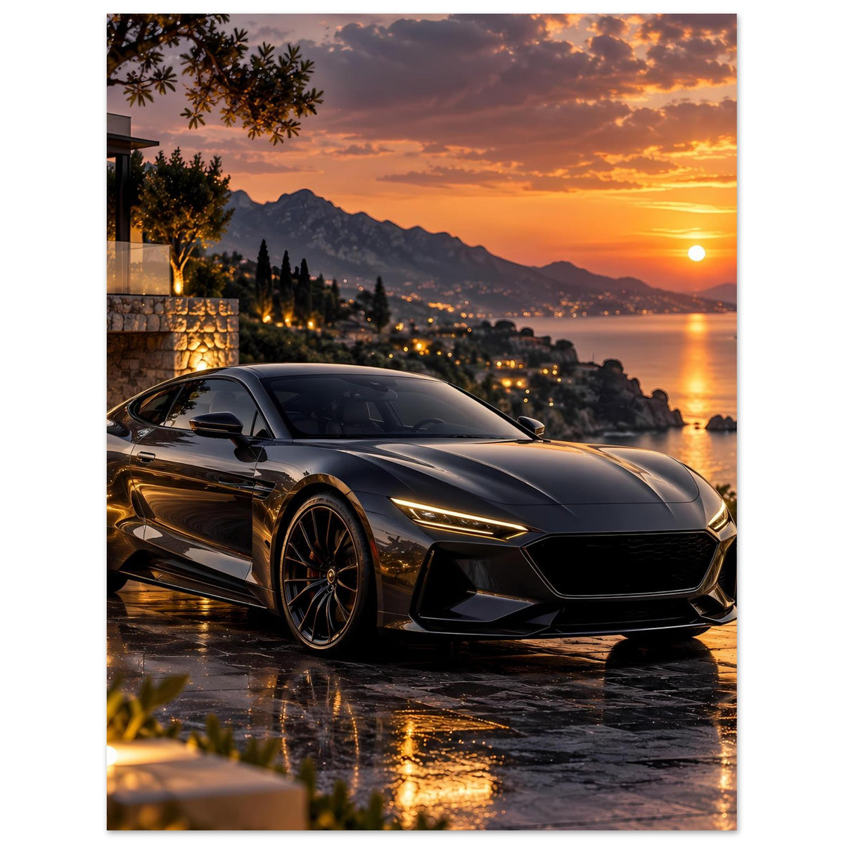 Sonnenuntergangs-Poster: dunkler Sportwagen vor Küste mit Sonne am Horizont