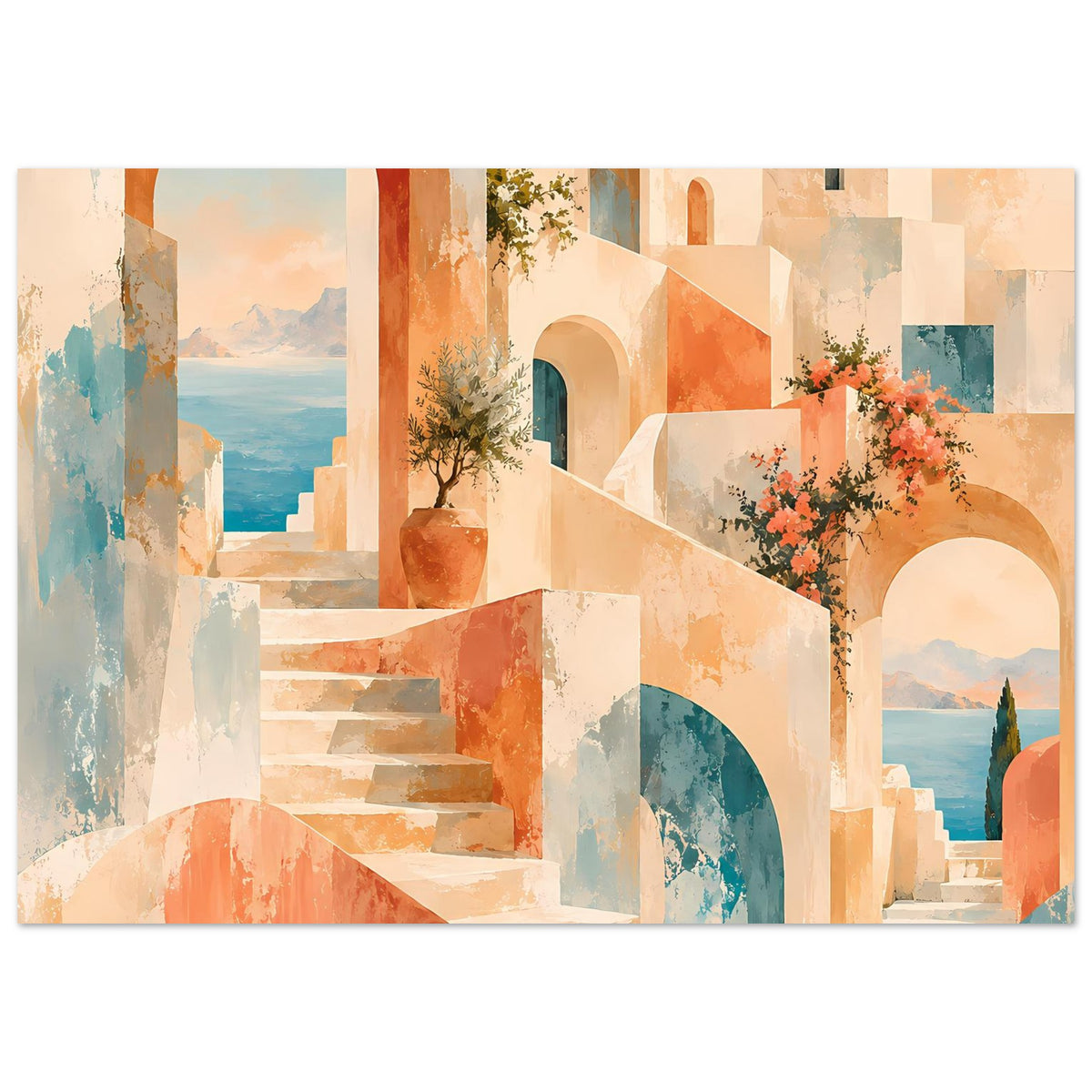 Mediterranes Poster: Treppe und Bögen, Tontopf mit Grünpflanze sowie rosa Blüten im Vordergrund
