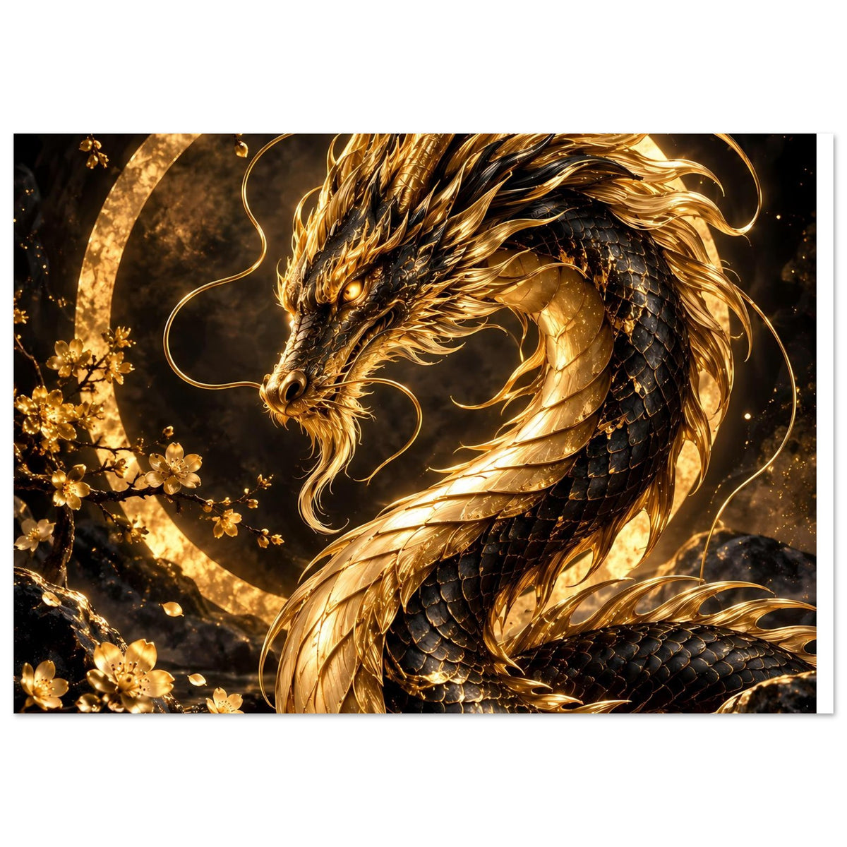 Poster mit goldenem Drachen im Blütenkreis, schimmernde Flügel-Optik und Schuppen
