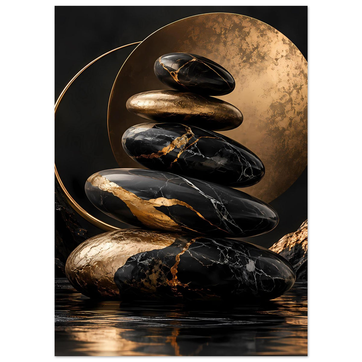 Poster mit Zen-Steinen: schwarze, goldene und helle Steine übereinander, goldener Kreis