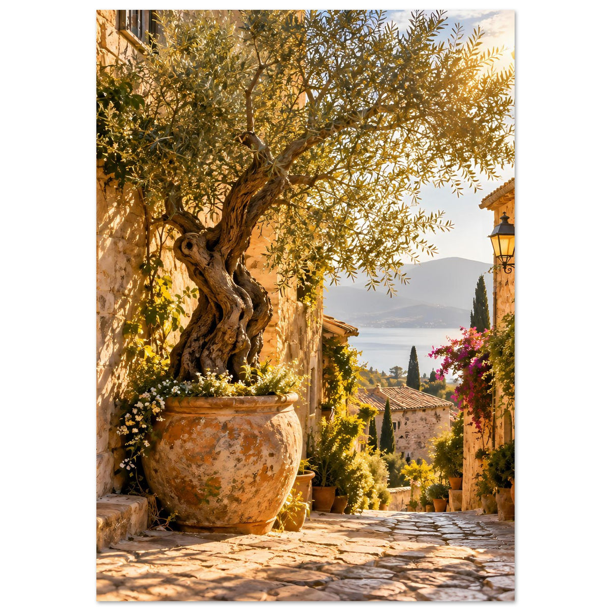 Mediterranes Poster (Hochformat) mit Baum in großer Vase, Steingasse und Laterne