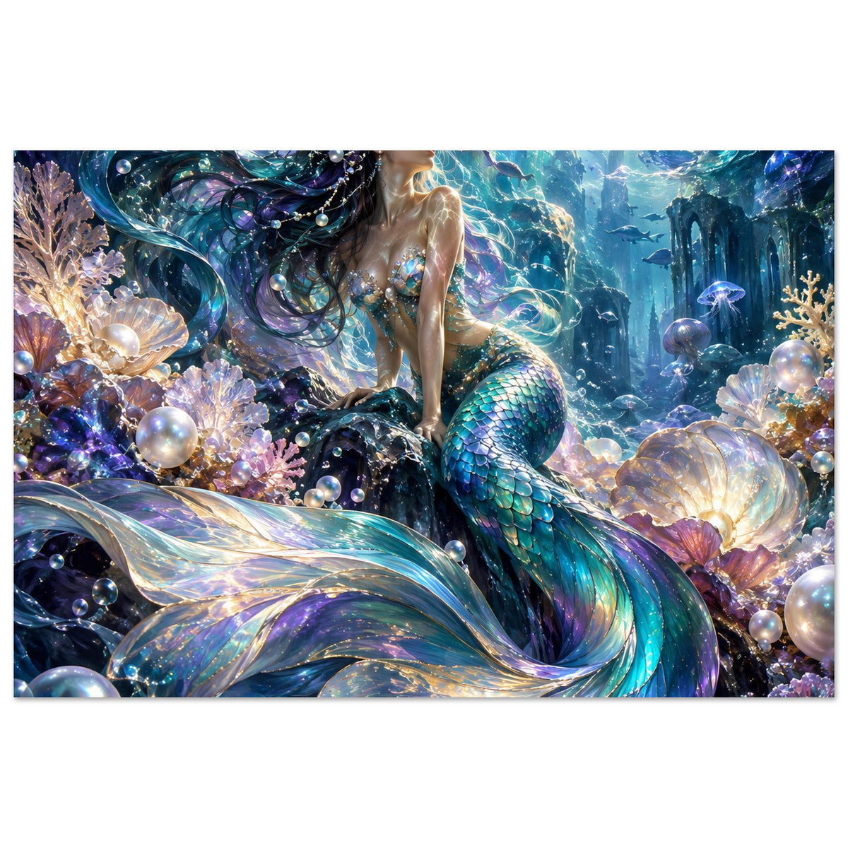 Fantasy-Poster mit Meerjungfrau, funkelndem Schwanz, Perlen, Korallen und Unterwasserflora