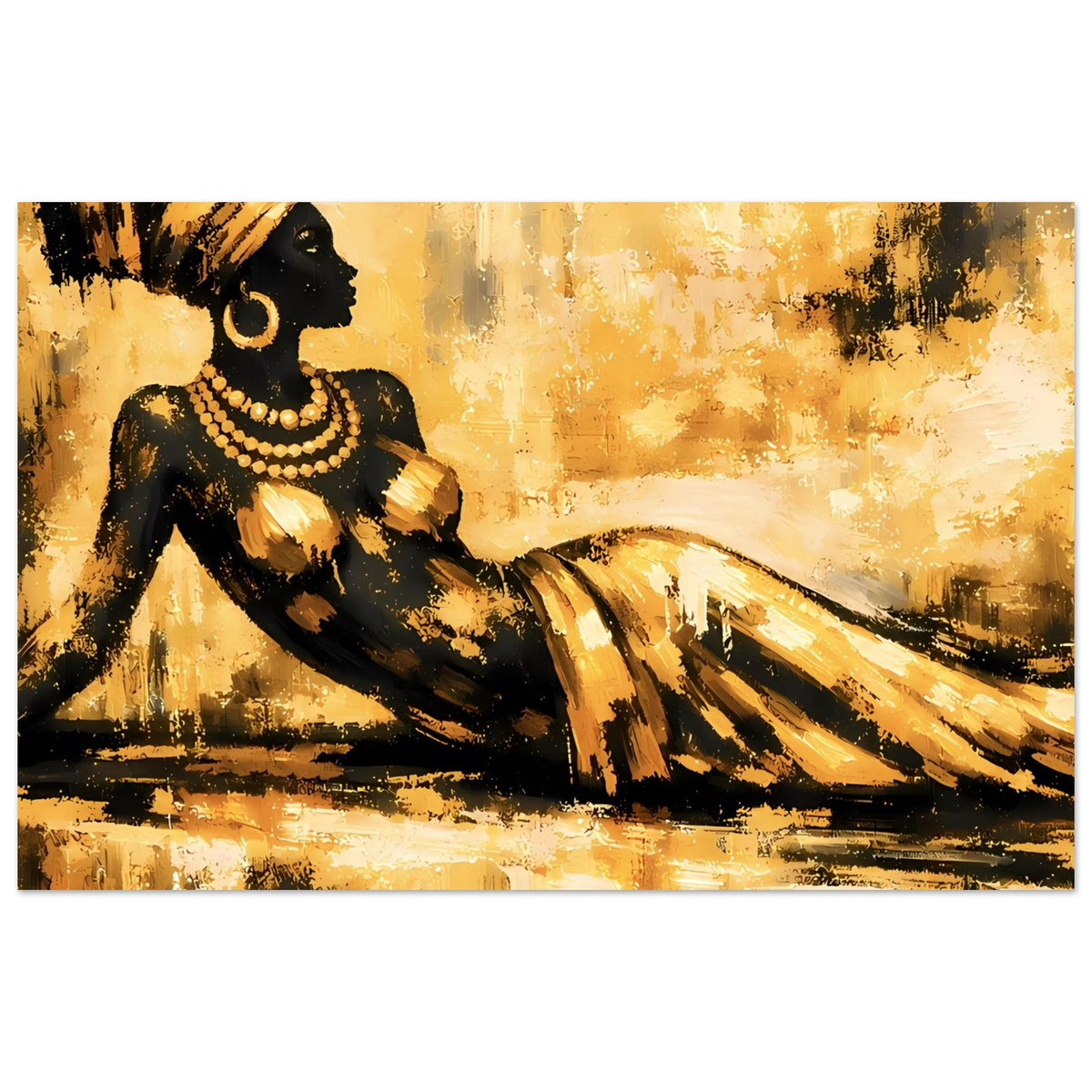Breitformatiges Kunstposter mit schwarzer Frau, Perlenkette und gold-gemustertem Kleid, abstrakt