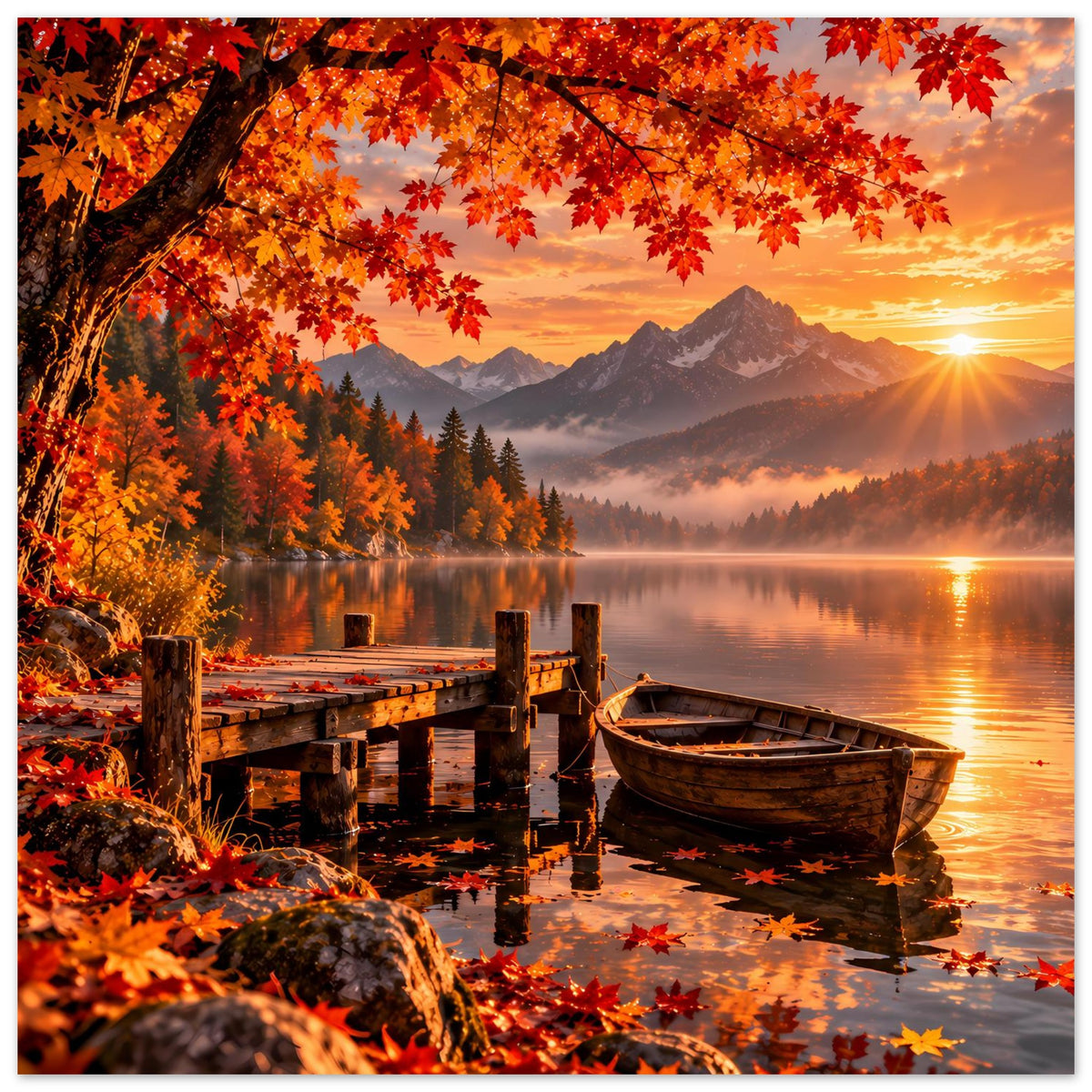 Herbstliches Bergsee-Poster: Ruderboot am Steg, orange Blätter im Vordergrund, Sonne
