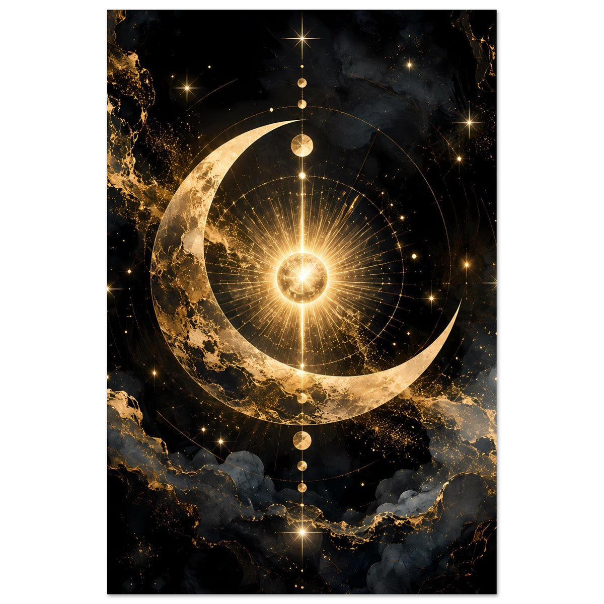 Hochformat-Poster mit goldener Mondsichel und Lichtstrahl, umgebender Sternenstruktur