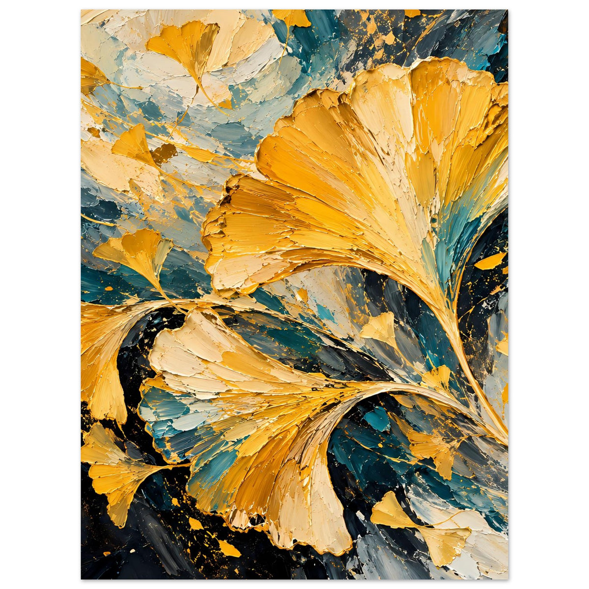 Abstraktes Gingko-Blatt Poster mit goldenen, geäderten Pinselspuren und tealblauen Bereichen
