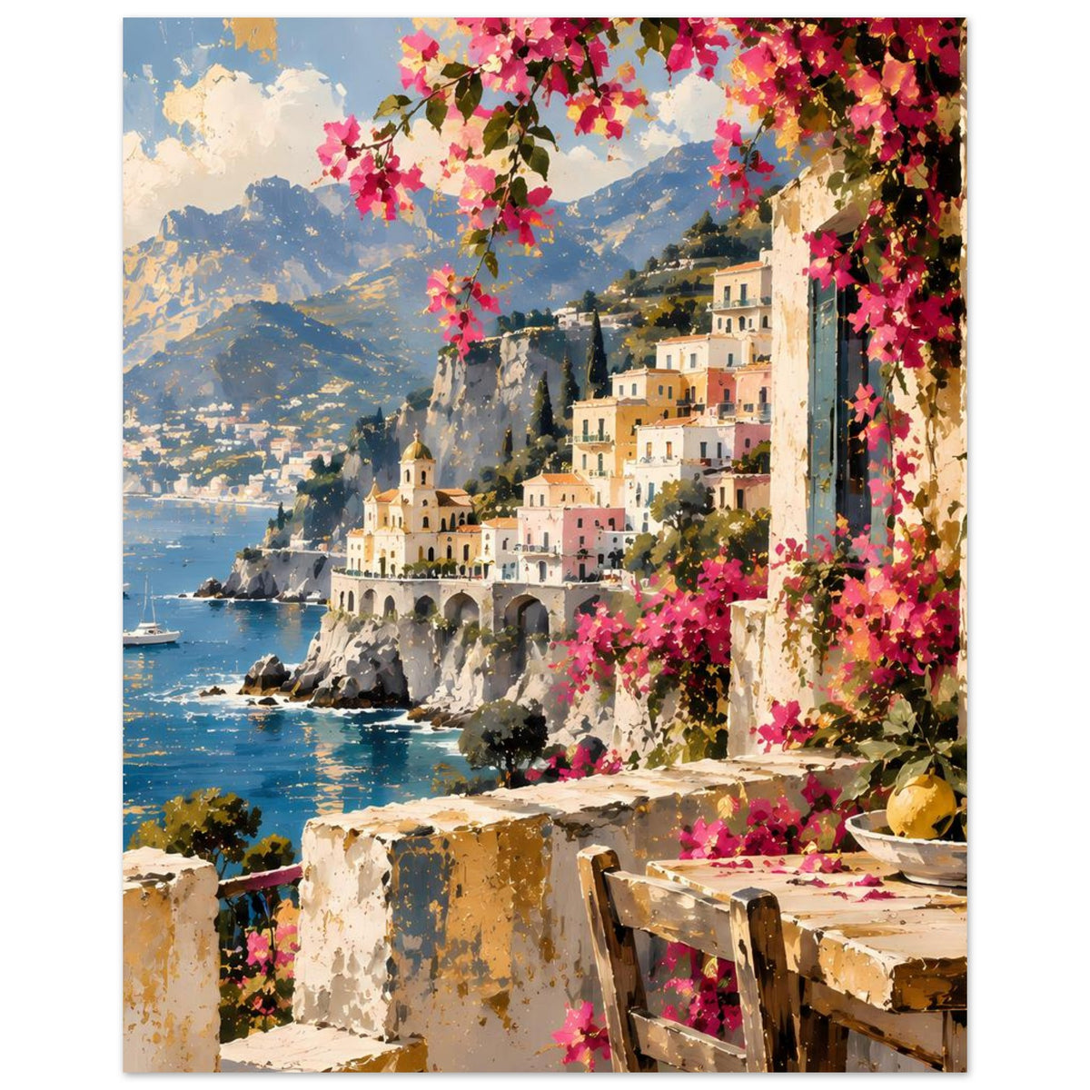 Poster mit Küstenpanorama: Meer, Berge, Häuser und Pinkblüten an einer steinernen Loggia