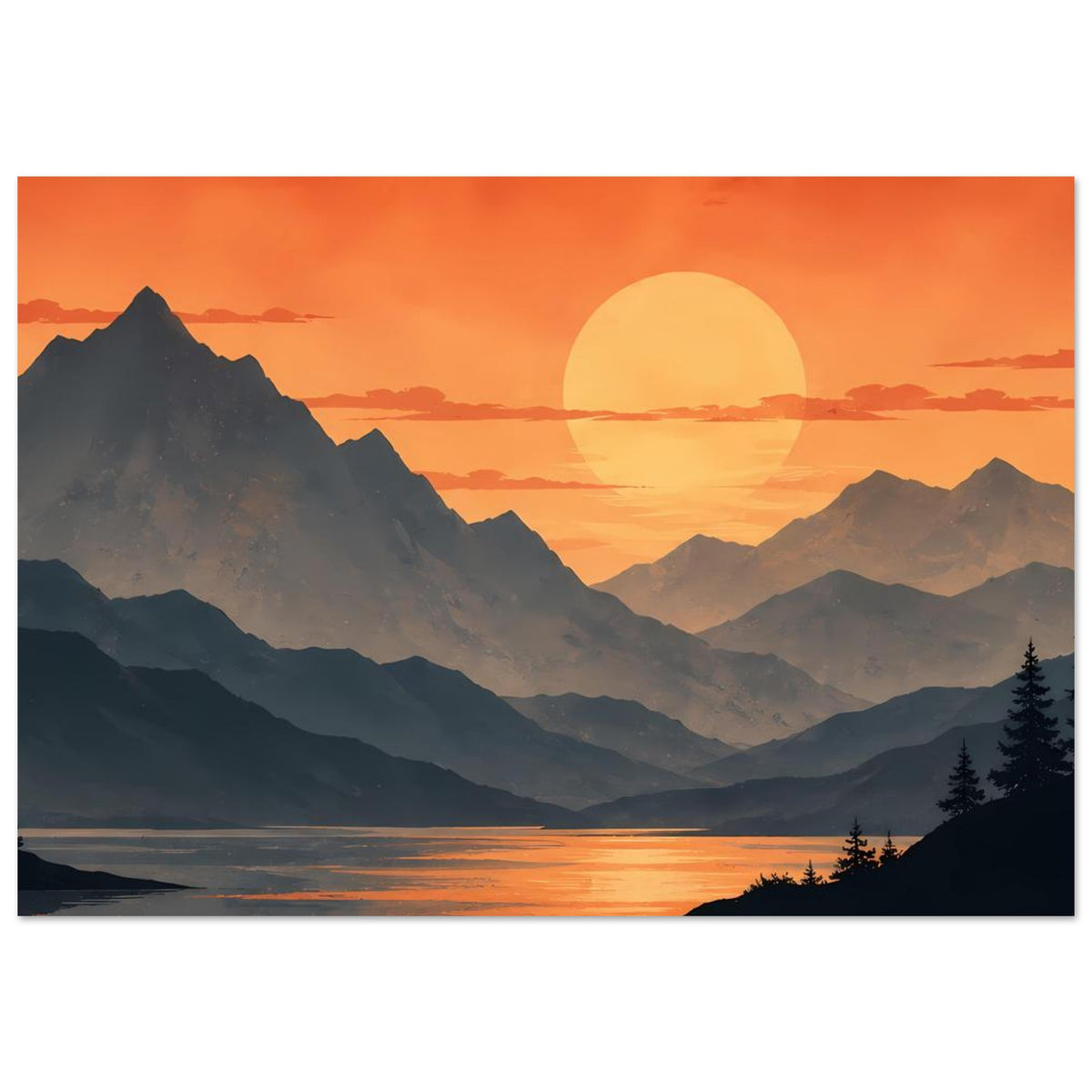 Wandbild: orangefarbener Sonnenuntergang über Bergsee mit dunklen Bergen und ruhigem Wasser