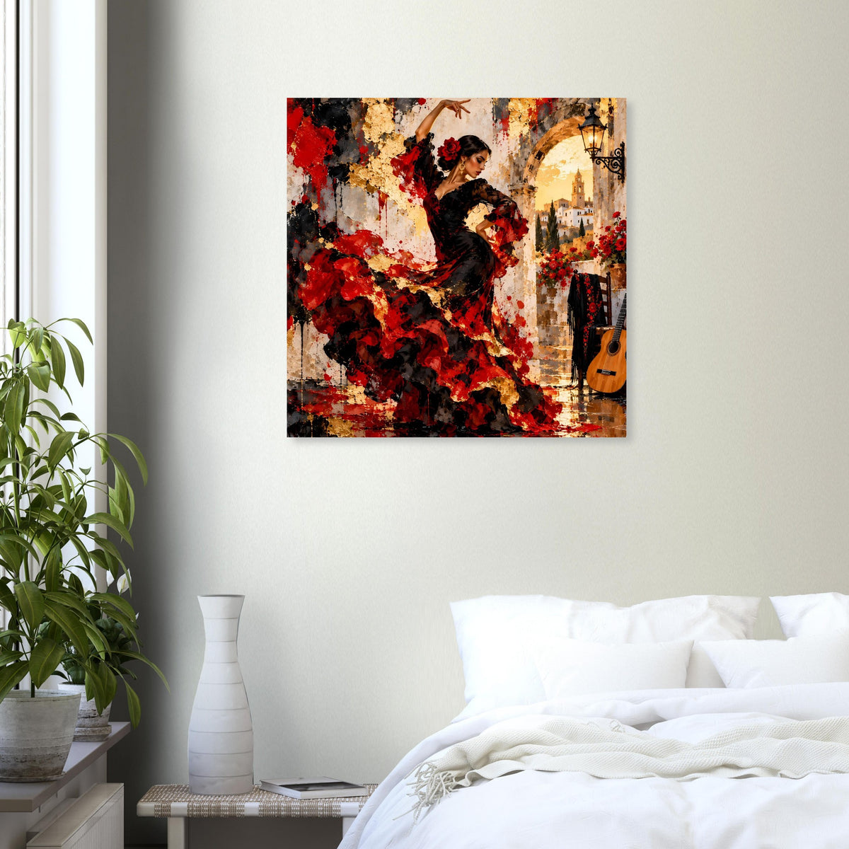 Poster mit Flamenco-Tänzerin in Rot und Schwarz, abstrakte Farbexplosion, Gitarre am Rand