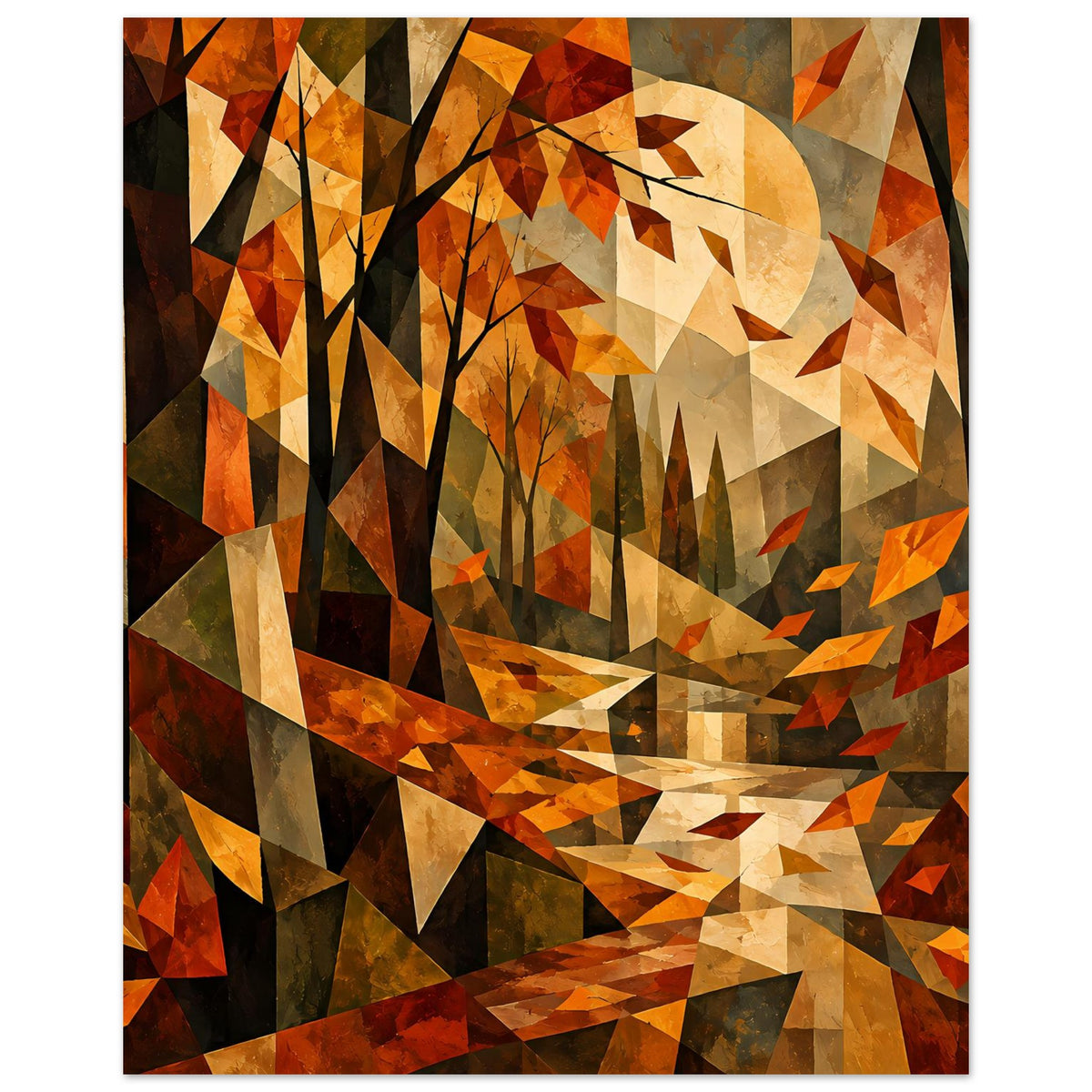 Herbstliches Kubismus-Poster mit abstrakten Bäumen, großer gelber Mondscheibe, warme Erdfarben