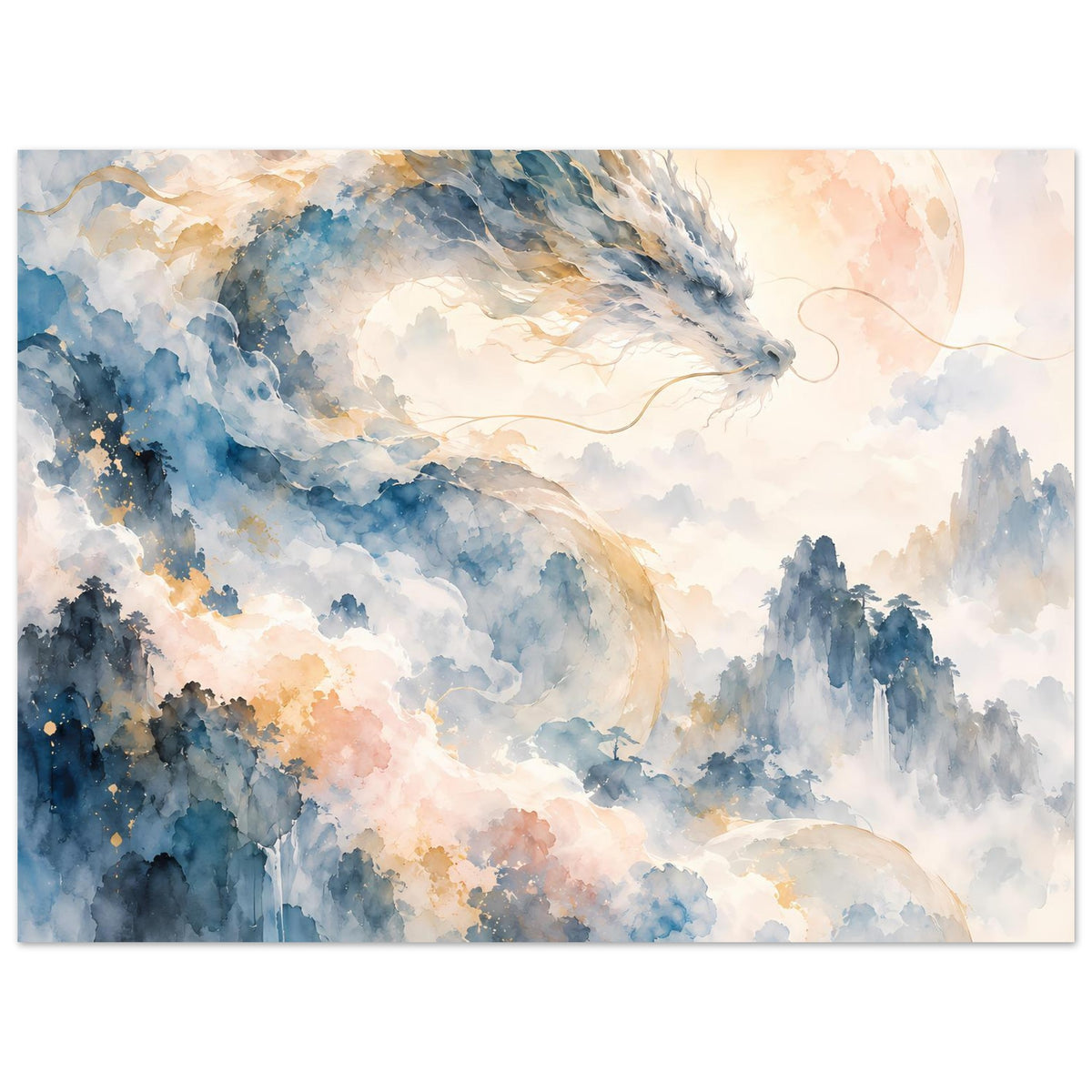Fantasie-Aquarellposter in Querformat mit Drachen über Bergen, Sonnenkreis und Wolken