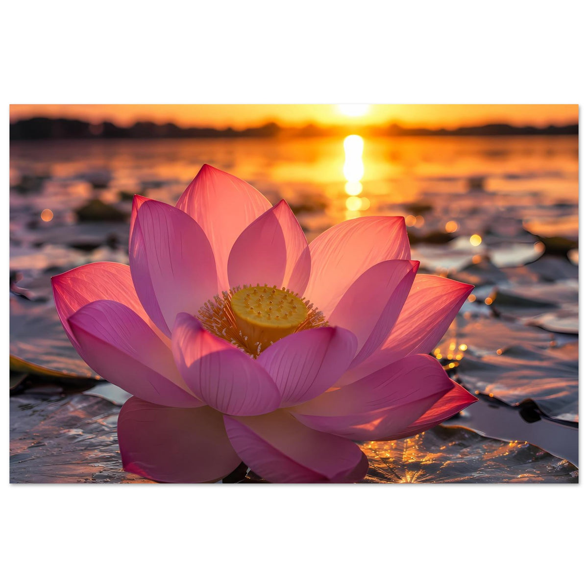 Blumenposter mit rosa Lotusblüte im Vordergrund und orangegelbem Sonnenuntergang im Motiv
