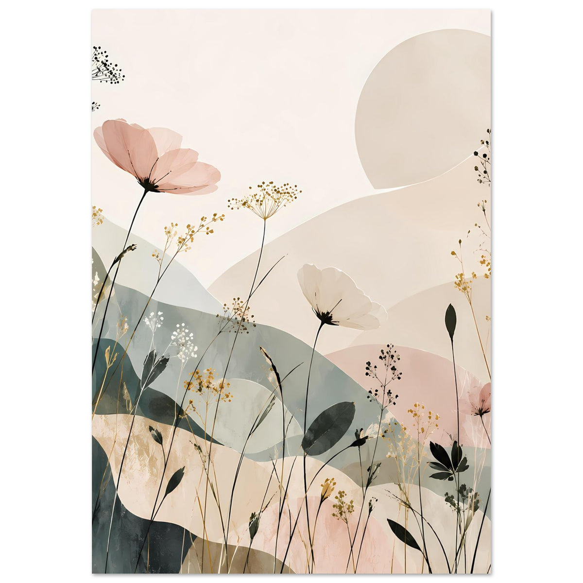 Florales abstraktes Poster im Hochformat mit Blütenstängeln, Gräsern und ruhigen Farbfeldern