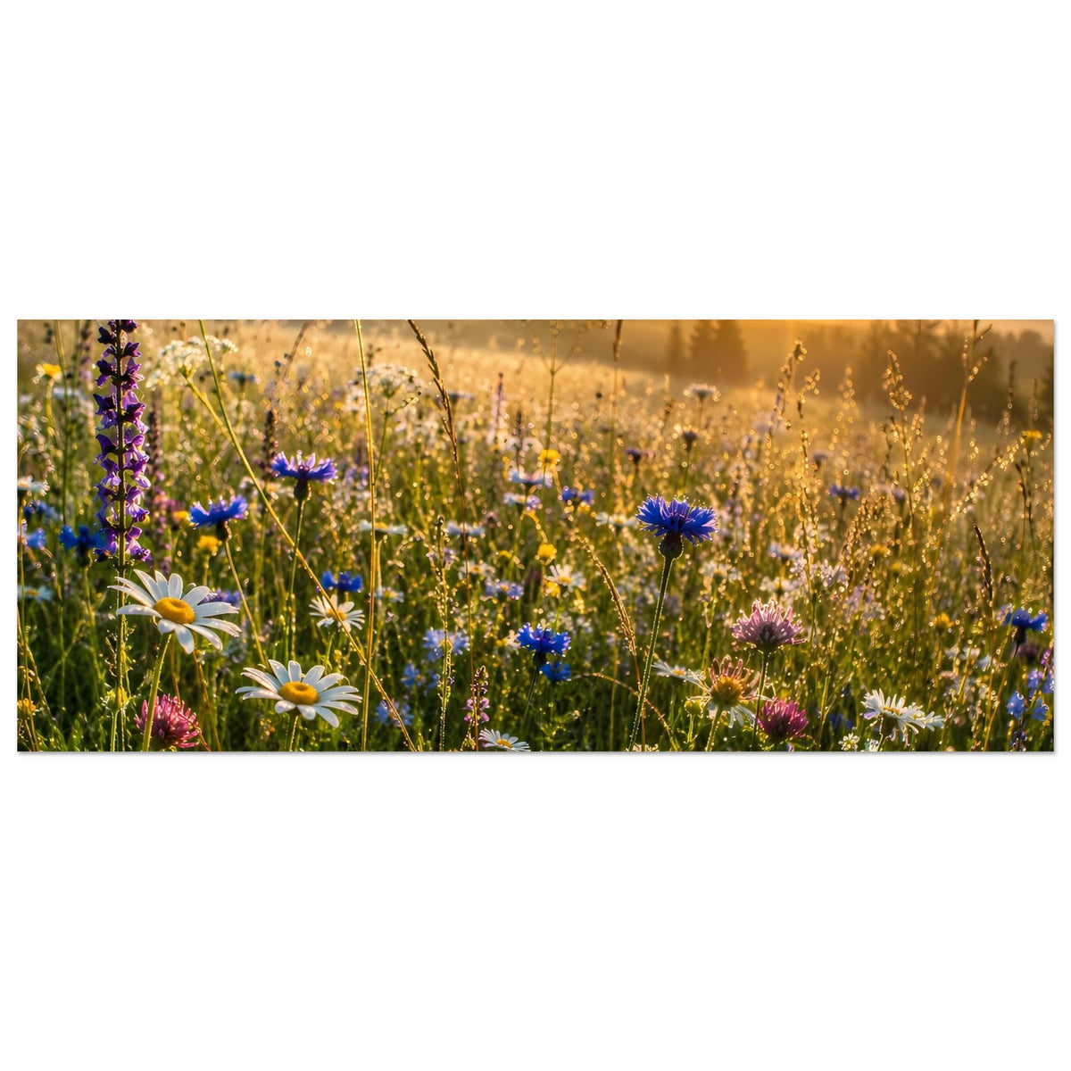 Wildblumenwiesen-Poster, horizontal: Nahansicht bunter Wildblumen im goldenen Morgenlicht