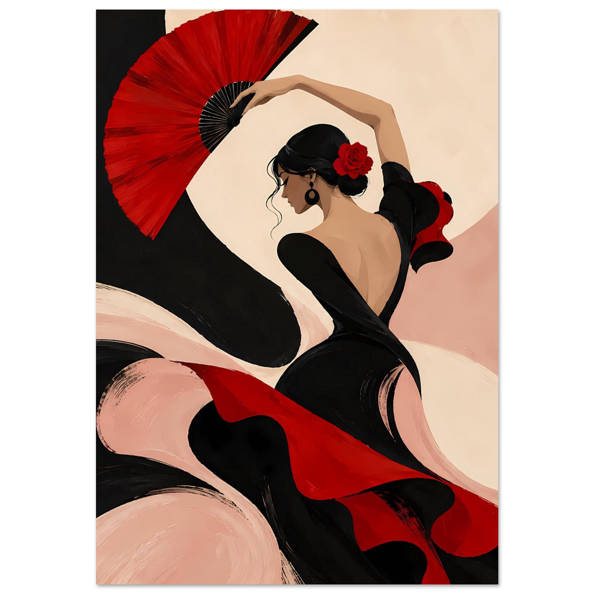 Flamenco-Tänzerin Poster: schwarze Korsage mit rotem Fächer, seitlicher Blick
