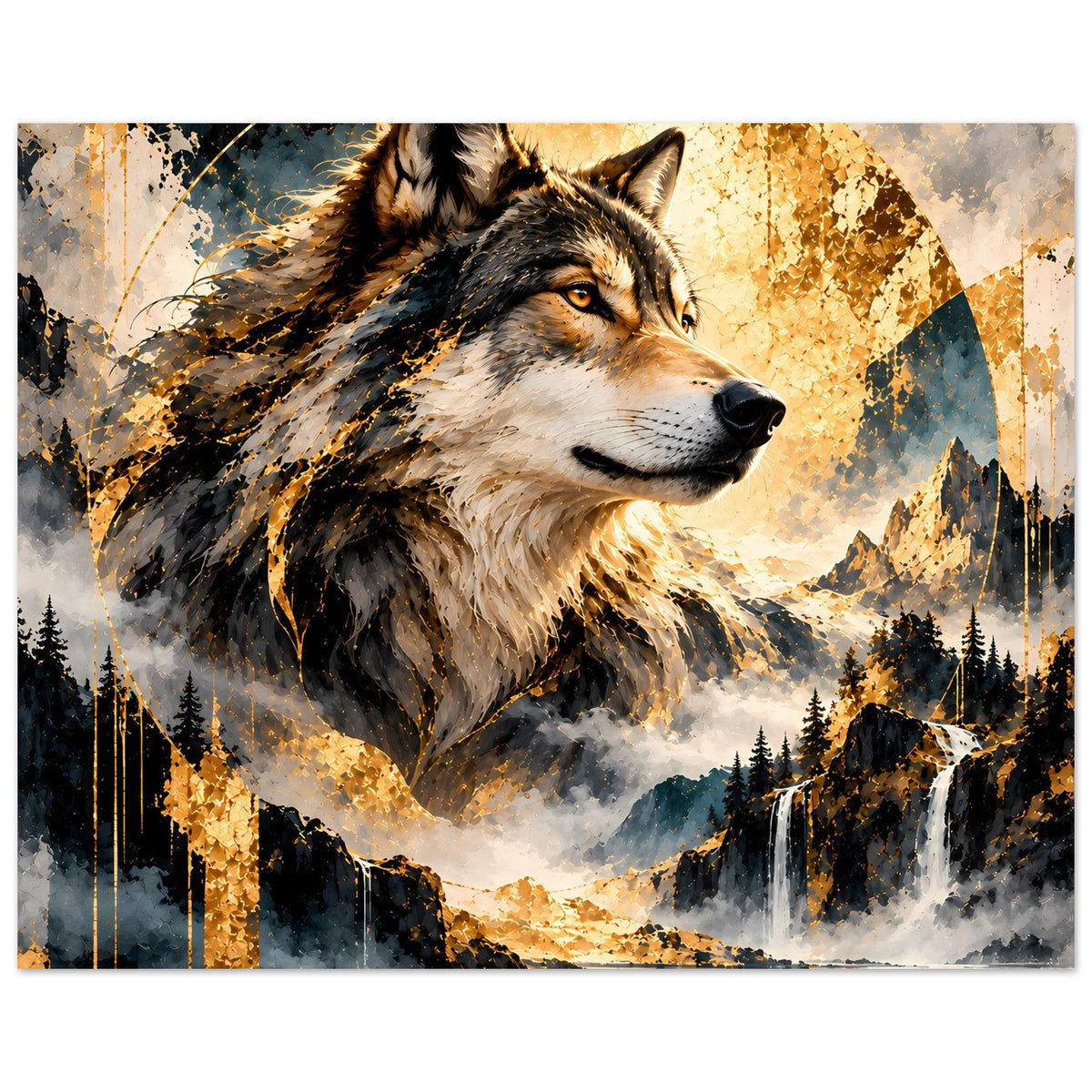 Wolfs-Artposter mit Goldspritzern, Wolfsgesicht im Vordergrund und Landschaft mit Wasserfall