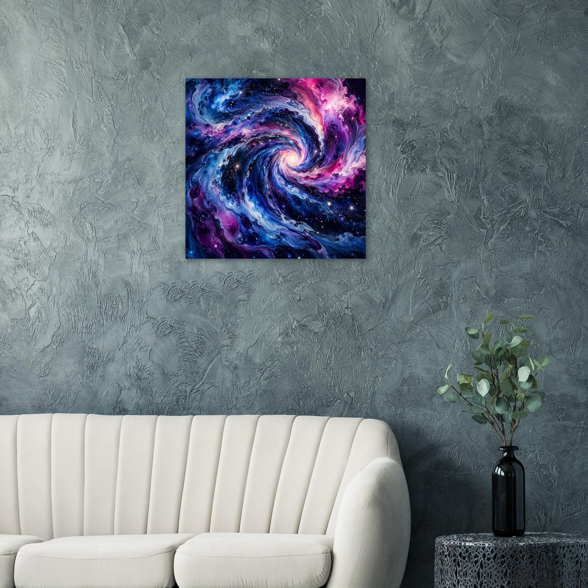 Galaktisches Swirl-Poster: quadratisches Bild mit blau-violettem Spiralwirbel, schwarzer Rahmen