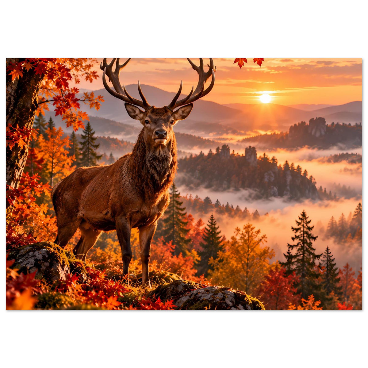 Herbstliches Hirschposter im Querformat: Hirsch mit Geweih auf Felsen, umgeben von Herbstlaub