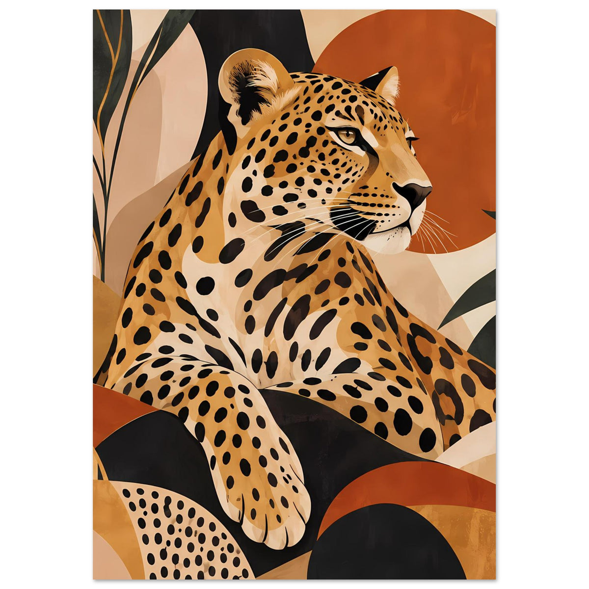 Leopard-Tierposter im Hochformat mit Leopardenkopf im Profil und beigen Flecken