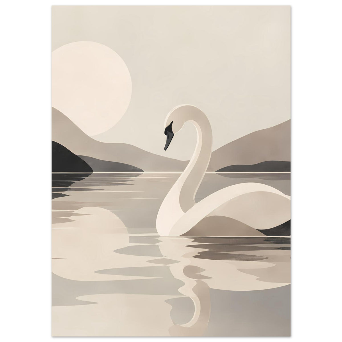 Kunstposter mit Schwan im Vordergrund, Spiegelung im Wasser, sanfte Hügel und helle Sonne.