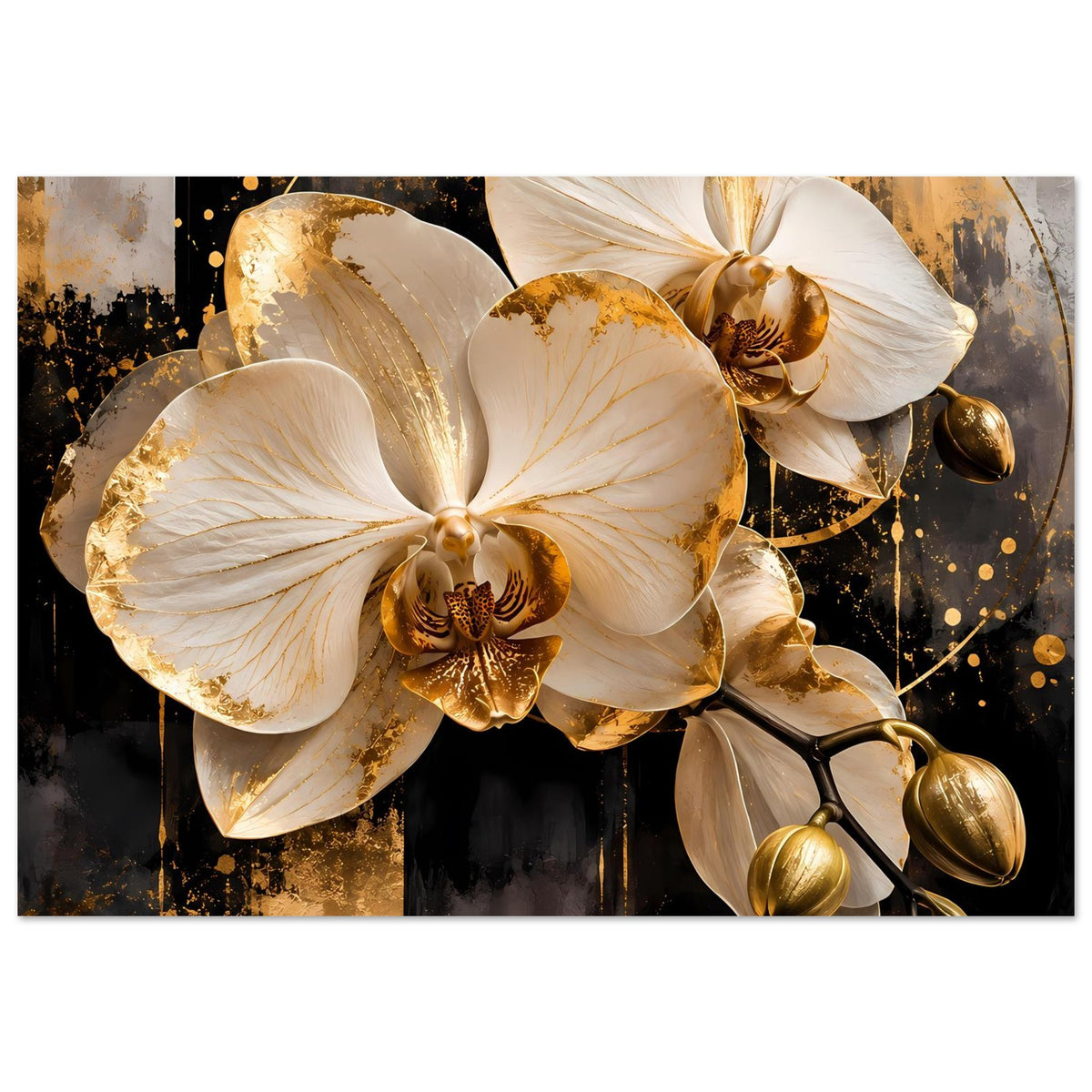 Orchideen-Wandposter mit cremeweißen Blüten, goldenen Verzierungen und goldschimmernden Knospen