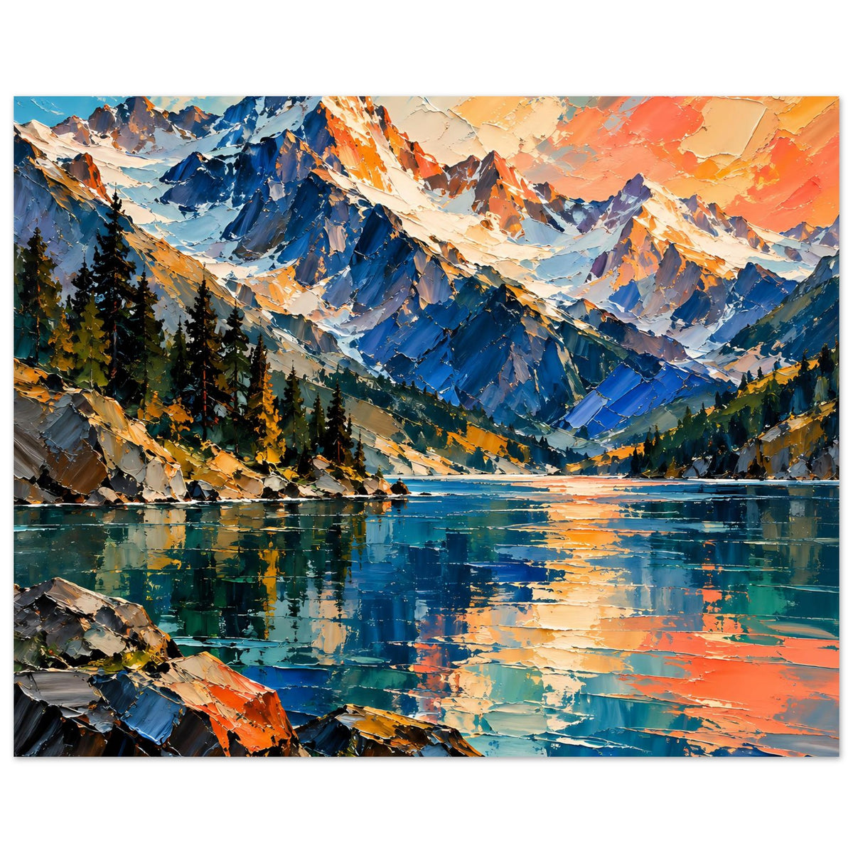 Mattes Poster im Querformat: Bergkette und spiegelnder See bei Sonnenuntergangsfarben.
