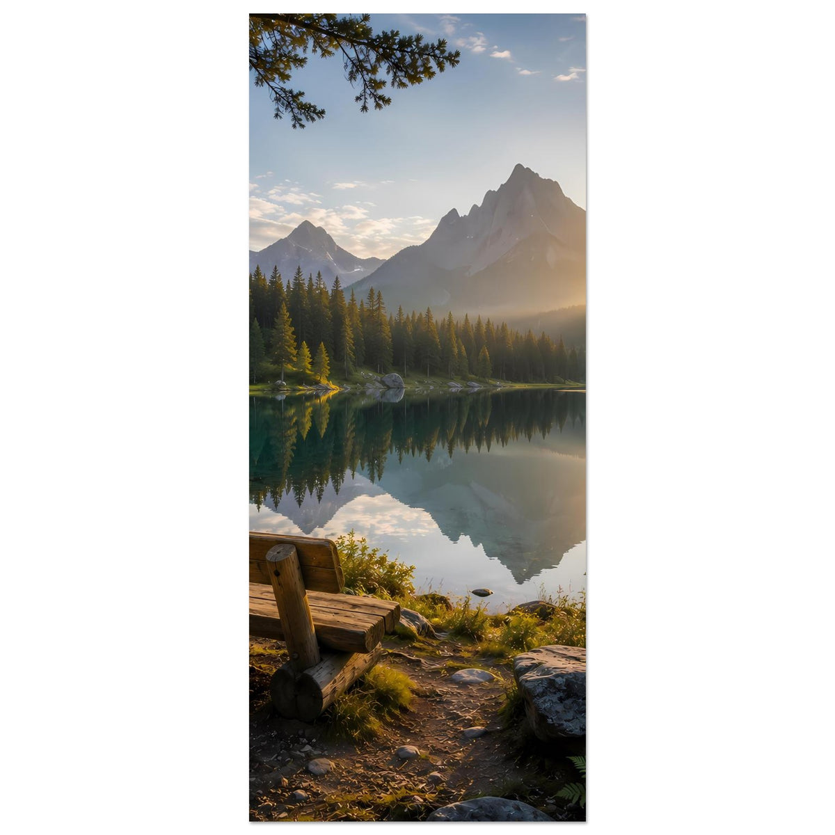 Hochformat-Poster: Bergsee-Sonnenaufgang mit Bank unten und Bergmassiv mittig
