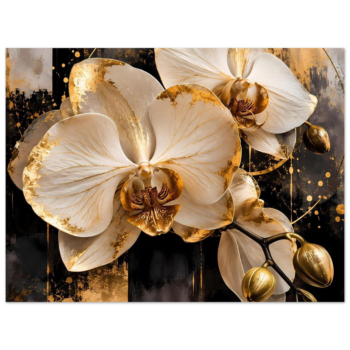 Poster mit weißen Orchideen und goldfarbenen Blütendetails, im Querformat