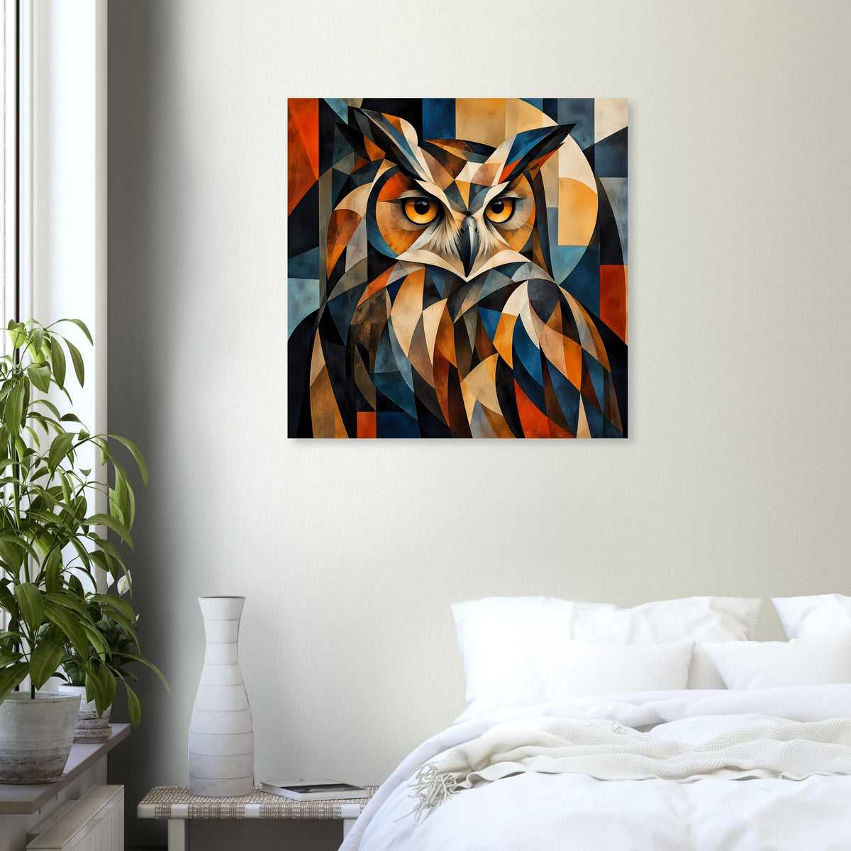 Geometrisches Eulen-Tierposter mit stylisierten Augen und Farbflächen in Blau und Orange