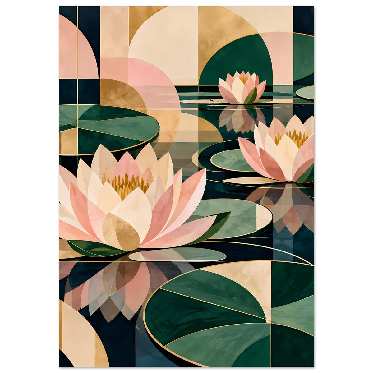 Lotus-Grafik-Poster mit rosa und grünen Seerosenblüten