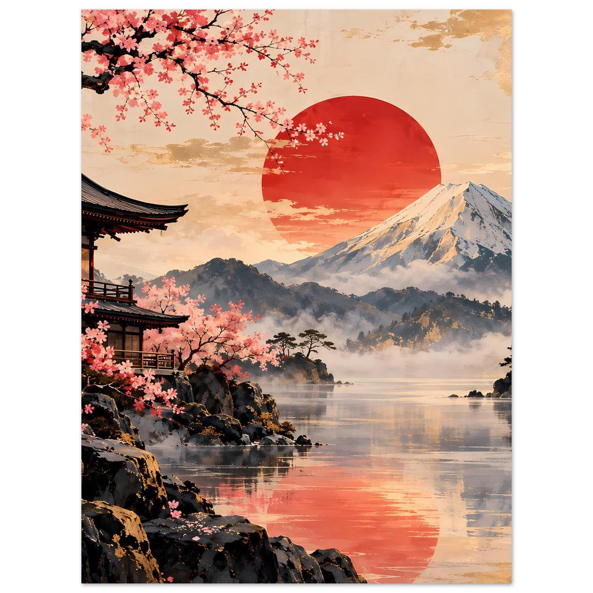 Poster im Hochformat: Kirschblüten, Tempelgebäude, Fuji und rote Sonne über dem See