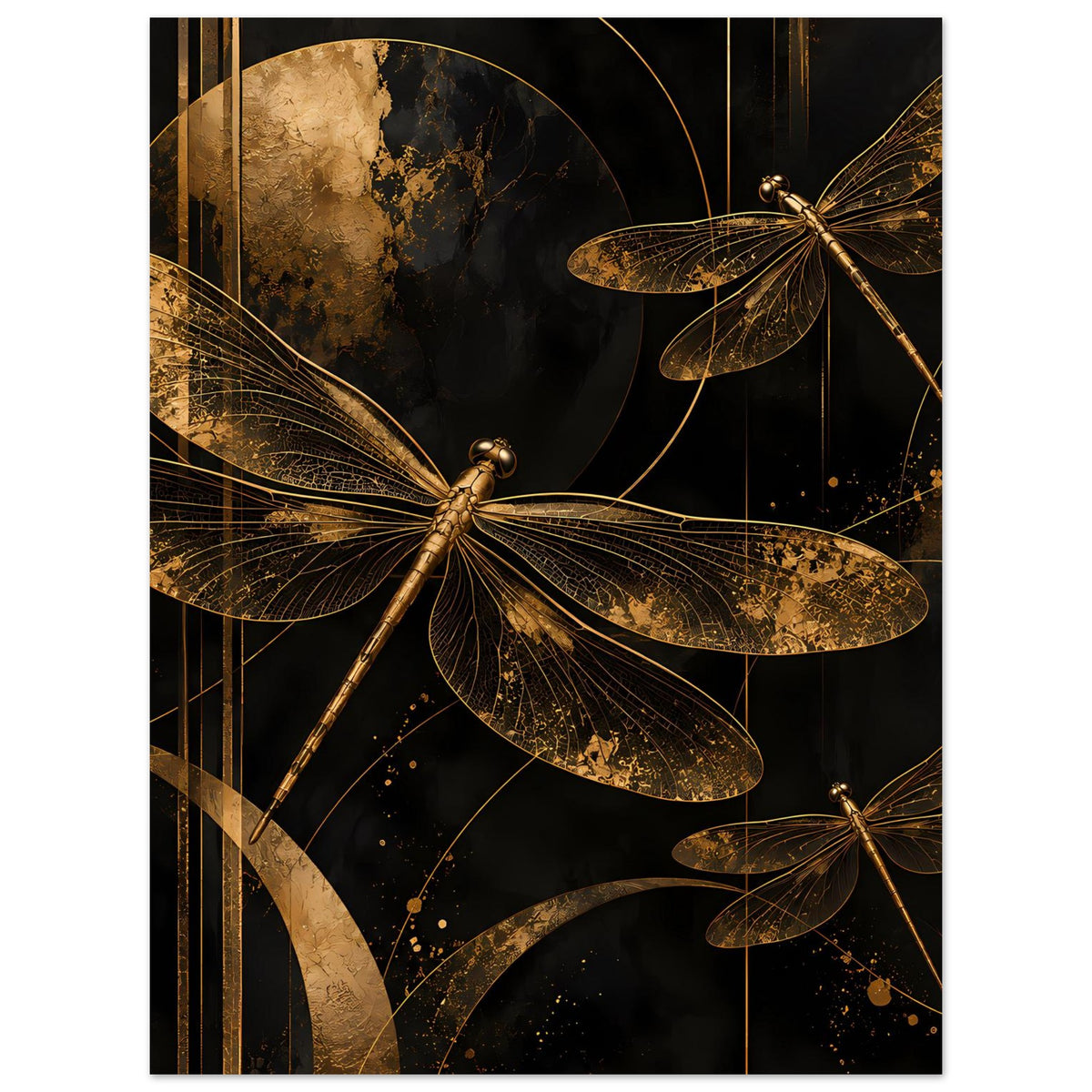 Poster mit goldenen Libellen, zarte Flügelornamente und dunklem Hintergrund mit goldenen Sprenkeln