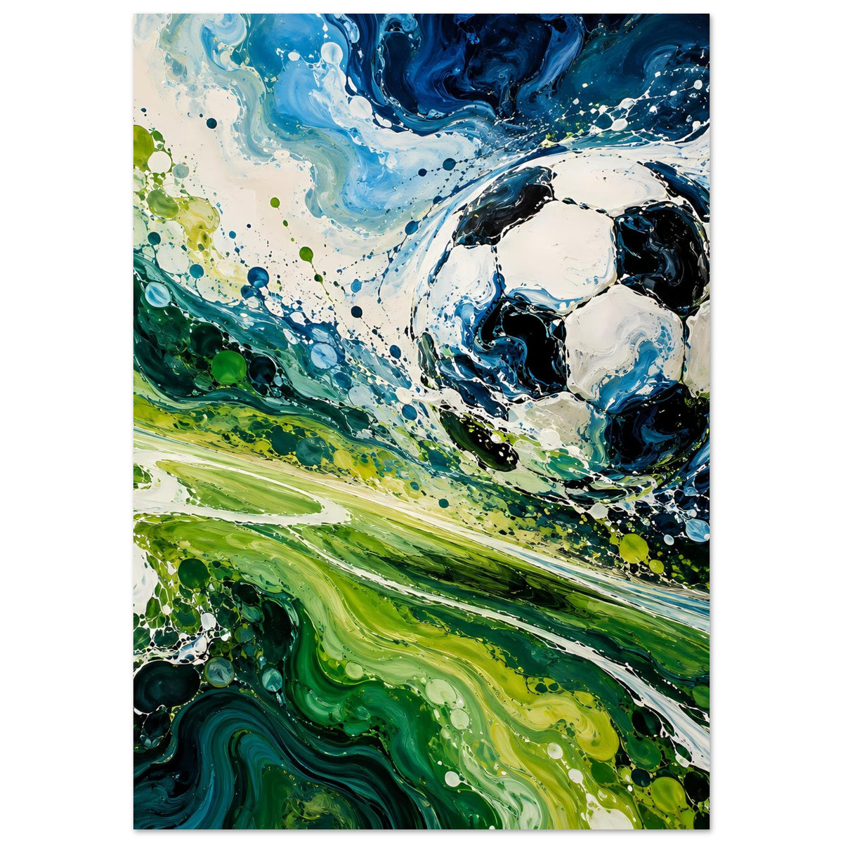 Kunstdruck im Hochformat mit abstraktem Fußball und Sprühpunkten in Dunkelblau und Grün